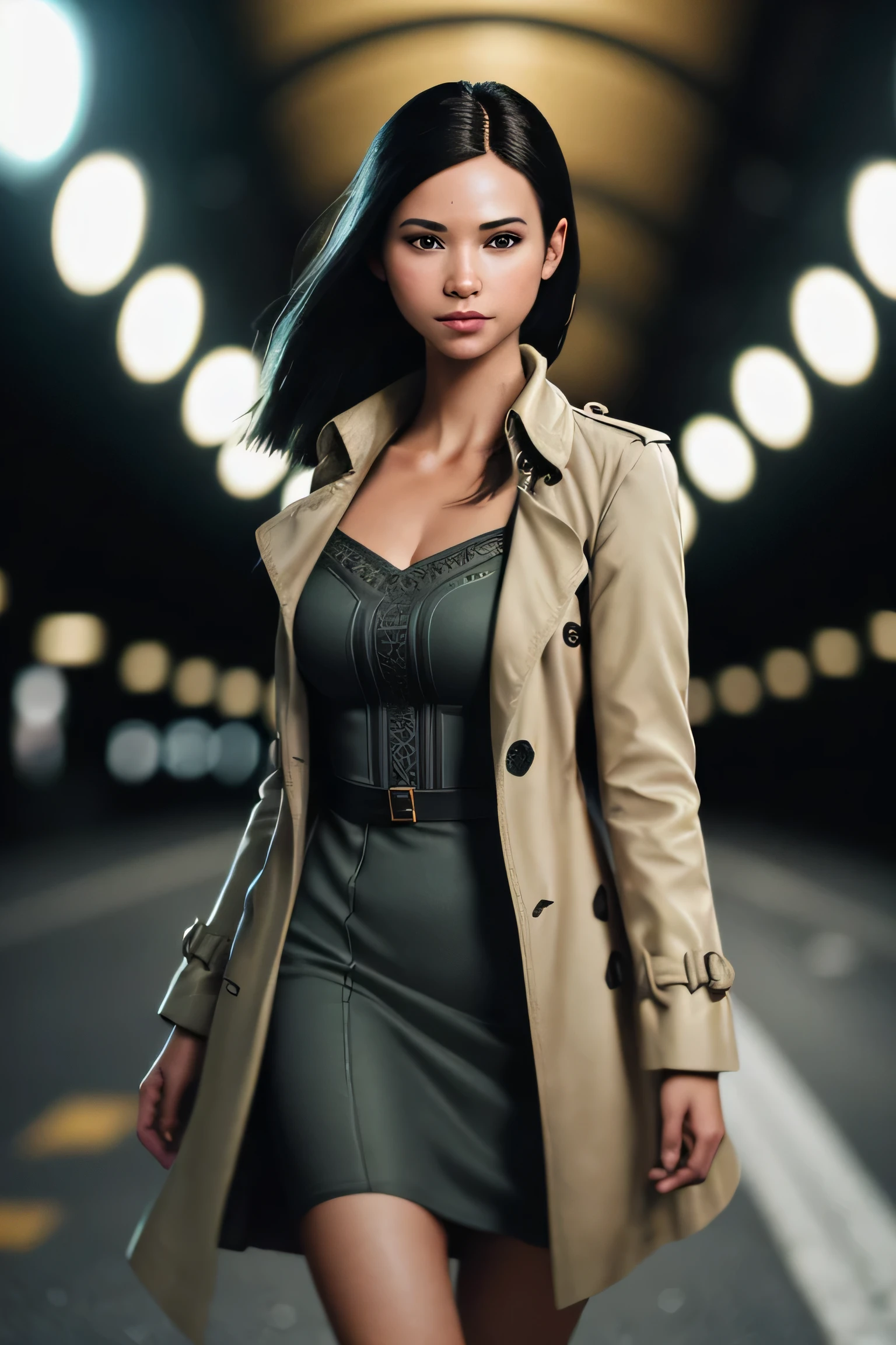 (masterpiece), (extremely intricate:1.3), (realistic), a girl, (future nostalgia), (dynamic perspective), dynamic angle, the most beautiful in the world, trench coat, camisole dress, smirk, tunnel, professional photograph of a stunning woman detailed, sharp focus, dramatic, award winning, cinematic lighting, octane render unreal engine, volumetrics dtx, (film grain, blurry background, blurry foreground, bokeh, depth of field)