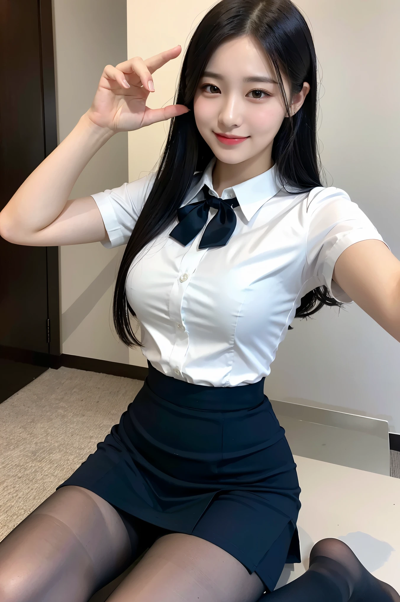 (8k), (highest quality: 1.2), (Realistic), (Realistic: 1.37), Ultra-high resolution, 1 girl, cute, smile, Mouth closed, Beautiful details, Beautiful Nose, whole body, Smooth black hair, Shiny thighs，Selfie,,White shirt,Navy Pleated Skirt,Black tights