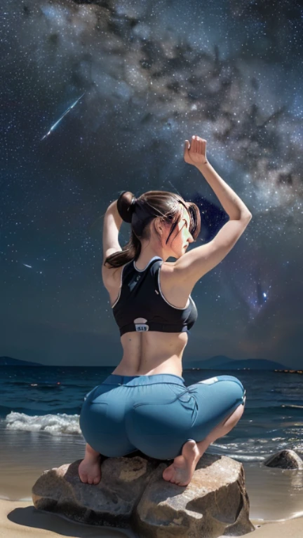 Tabletop, (highest quality), 23 years old,Very detailed, finely, (High resolution), (8k), ((Perfect rear view composition)), Natural color lip,(ponytail:1.3),((A girl sits with her legs spread apart on a rock)),(sitting barefoot on the sand:1.3),((Vermilion Bikini)),((Fitness short pants light blue),((whole body:1.3),,((shrapnel:1.3)),((Perfect rear view:1.3)),((The magnificent Milky Way floating in the night sky)),((Pose with your arms raised above your head)),(look back and smile),((Thigh F-band)),((Big Ass)),((Ample breasts)),(Full and firm breasts),(Small Pareo),