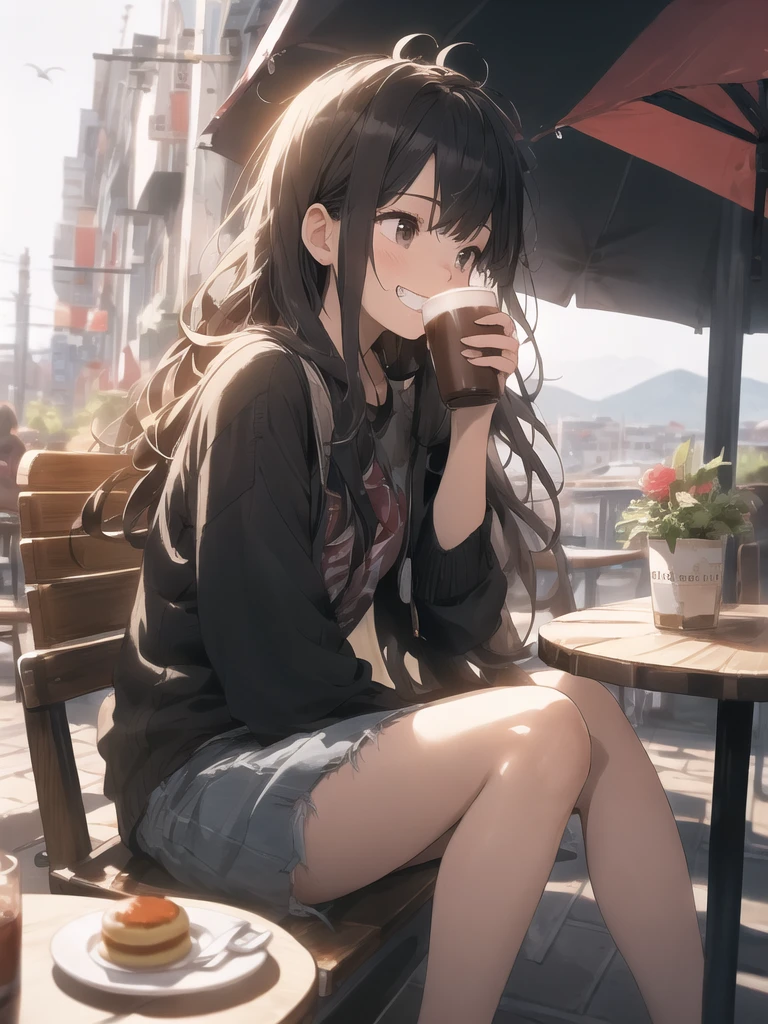 Beautiful girl wearing oversized winter clothes and drinking coffee、sitting on、In the street、looking-down、ssmile