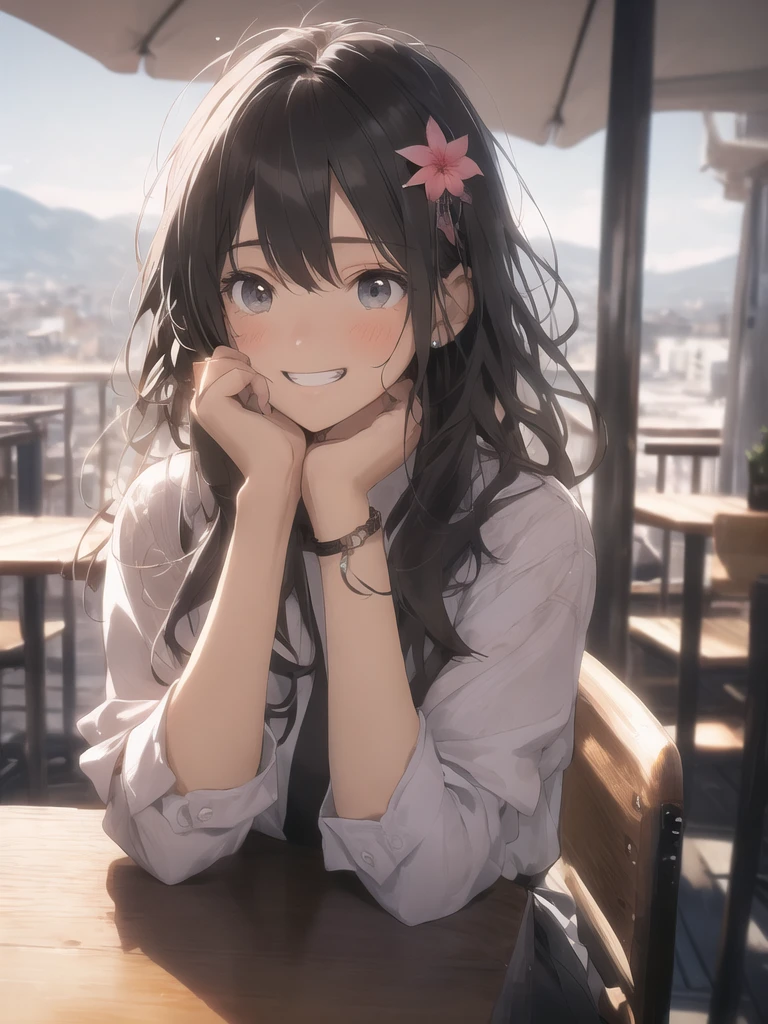 (looking away:1.2),(masterpiece:1.2), (best quality),(ultra detailed),(extremely detailed),(absolutely resolution) ,absurdres,8k, 1girl-drinking-hot-coffee, cafe, city, sitting-on-the-chair, grin, cake, mountain, flowers-pods, windy, 
BREAK,  ultra detailed eyes, long hair, messy hair, (gradation hair:1.2),