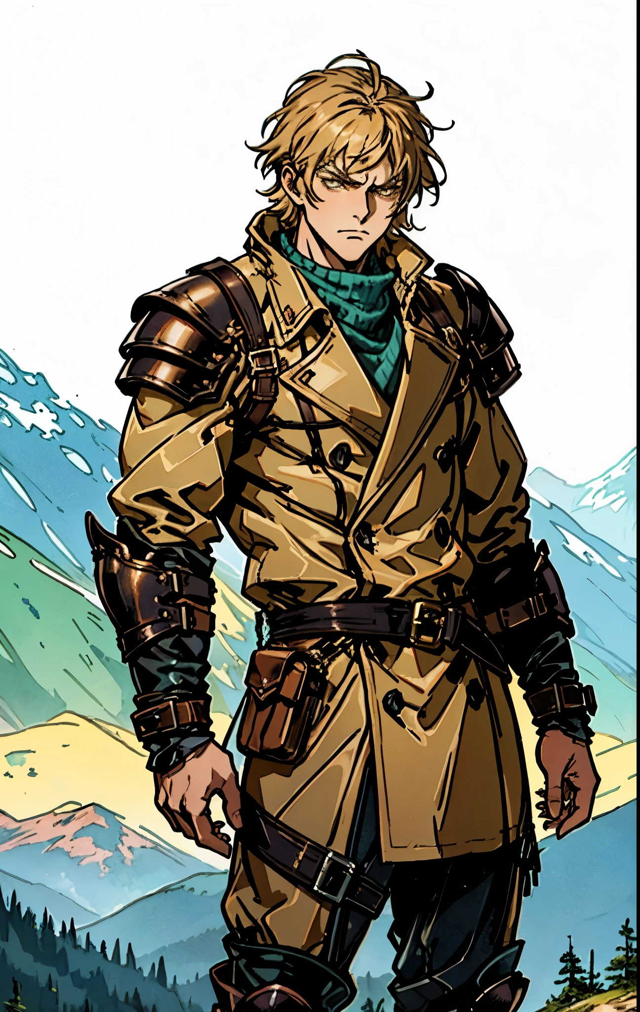 A man with short sandy brown hair, long side-parted bangs, a melancholic gaze, a troubled expression, pale skin, a fantasy-style gray trench coat with a large collar, under which lies leather chest armor, a black belt, worn-out yellowish shoulder pads and wrist guards, utility trousers, the backdrop of a mountain wilderness at night, this character embodies a finely crafted fantasy-style adventurer in anime style, exquisite and mature manga art style, high definition, best quality, highres, ultra-detailed, ultra-fine painting, extremely delicate, professional, perfect body proportions, golden ratio, anatomically correct, symmetrical face, extremely detailed eyes and face, high quality eyes, creativity, RAW photo, UHD, 32k, Natural light, cinematic lighting, masterpiece-anatomy-perfect, masterpiece:1.5