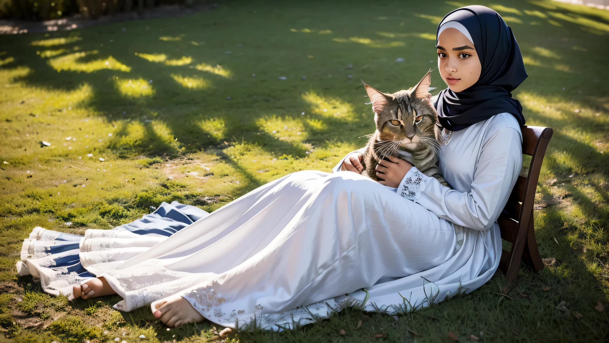 Beautiful 12-year-old hijabi girl, radiating innocence and grace, wearing a long-sleeve moslem dress that adds an aura of elegance and modesty. The intricate details of her facial features are accentuated by cinematic side lighting, highlighting every pore and contour. The ultra-high resolution image showcases every minute detail, from the delicate threads of her hijab to the fine hairs on her head, concealed beneath the traditional headscarf.

Beside her, a larger-than-life Maine Coon cat, its giant paws delicately tapping against the grassy ground, gazes up at the sky with its adorably