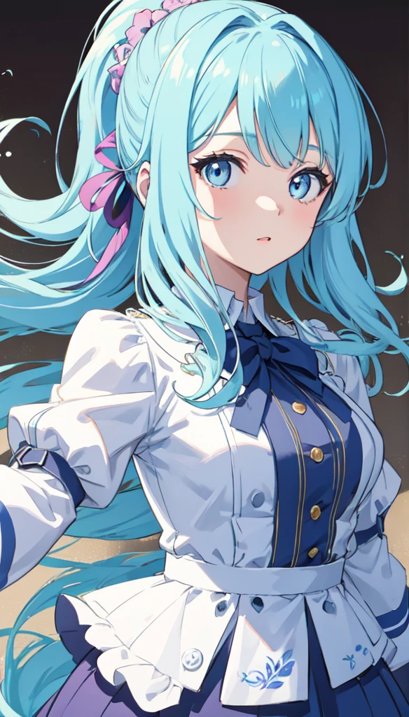 (masterpiece), (best quality), (ultra detailed),(disheveled hair),(illustration), (1girl), (Fashionable clothing), standing, Fashion model, looking at viewer, (interview), (simple background),beautiful detailed eyes, delicate beautiful face, Floating,(high saturation),(colorful splashes),colorful bubble,(shining), focus on face, ponytail, kamisato ayaka, light blue hair, bangs, hair ring, floating flowers, floating hairs, (shining), best lighting, best shadow,