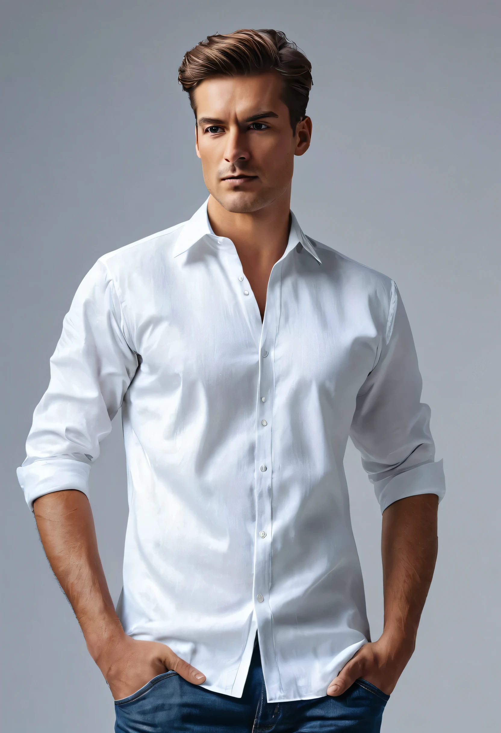 Create an AI art piece depicting a realistic scene of a man standing confidently wearing a plain white shirt, set against a softly blurred background. The artwork should emphasize the details of the shirt's fabric, such as its texture, folds, and how it drapes over the man's torso. The man's pose should convey a sense of strength and elegance, highlighting the fit and style of the shirt. The background should be subtle to keep the focus on the shirt and the man's body, creating a visually appealing mockup for a clothing design.