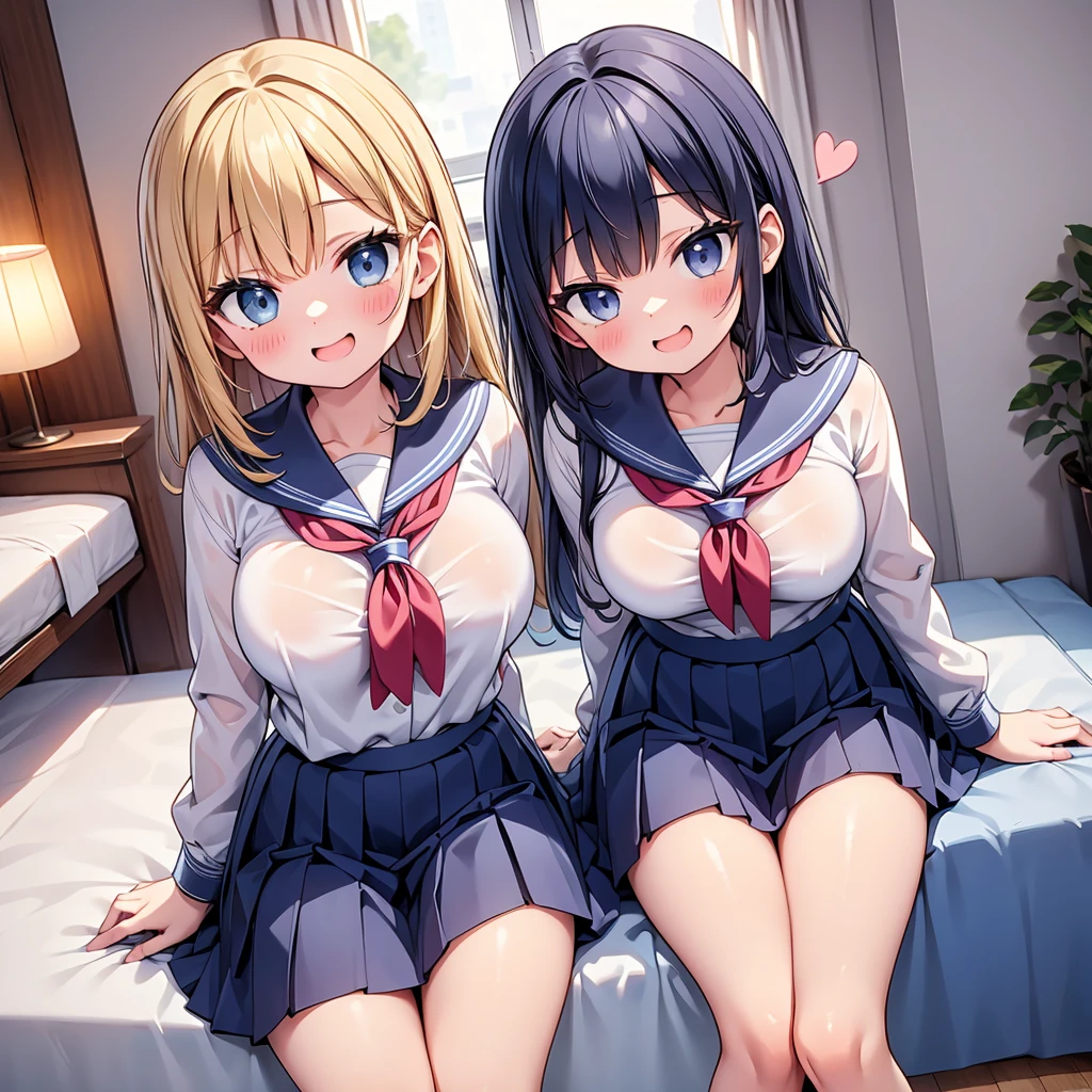 masterpiece, best quality, simple background, random hairstyle, large breasts, spring casual outfit, ((futa with female)), 3 girls, on back, on bed,