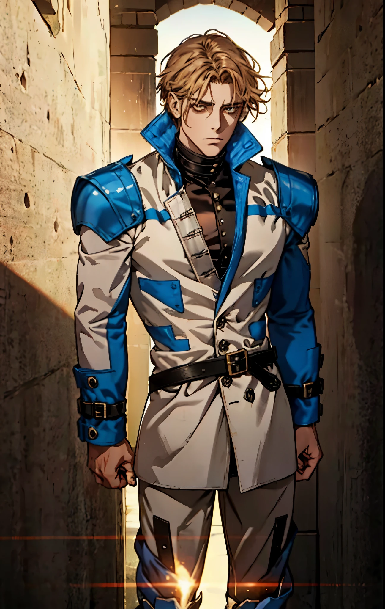 A man with short sandy brown hair, long side-parted bangs, a melancholic gaze, a troubled expression, pale skin, a fantasy-style gray trench coat with a large collar, under which lies leather chest armor, a black belt, worn-out yellowish shoulder pads and wrist guards, utility trousers, the backdrop of a mountain wilderness at night, this character embodies a finely crafted fantasy-style adventurer in anime style, exquisite and mature manga art style, high definition, best quality, highres, ultra-detailed, ultra-fine painting, extremely delicate, professional, perfect body proportions, golden ratio, anatomically correct, symmetrical face, extremely detailed eyes and face, high quality eyes, creativity, RAW photo, UHD, 32k, Natural light, cinematic lighting, masterpiece-anatomy-perfect, masterpiece:1.5