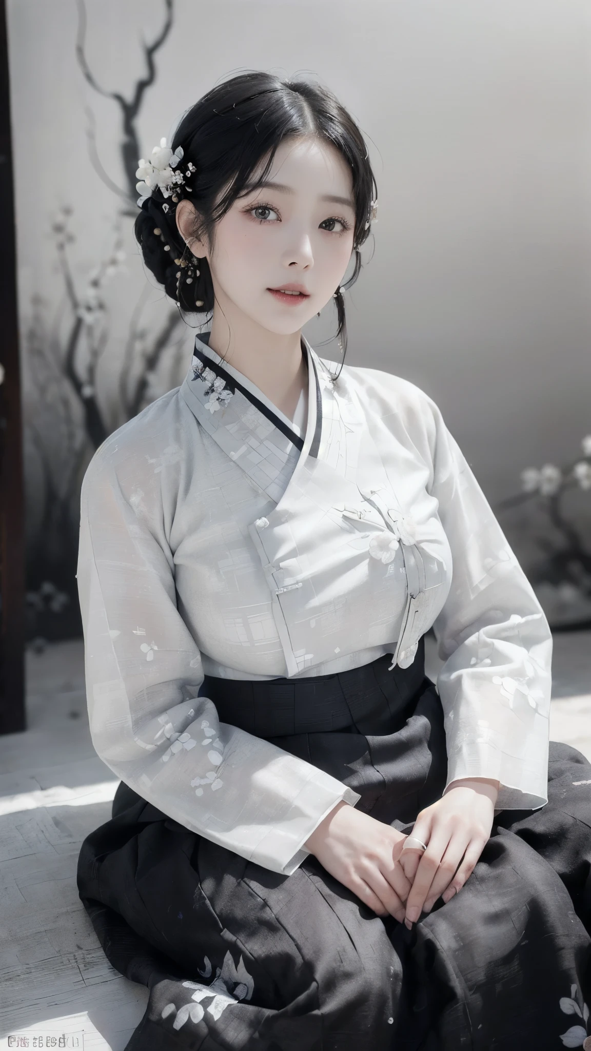 (best quality, 8K, masterpiece: 1.3), ((((((Incredibly huge breasts: 0.8))))), hairpin, (beautiful face:1.3), plum blossom ink painting background,authentic hanbok, 1920s photo studio, (Feels like a faded photo: 1.4), old photos, smile, (black and white photography: 1.3), 1920s Hanbok style and hairstyle, retro style