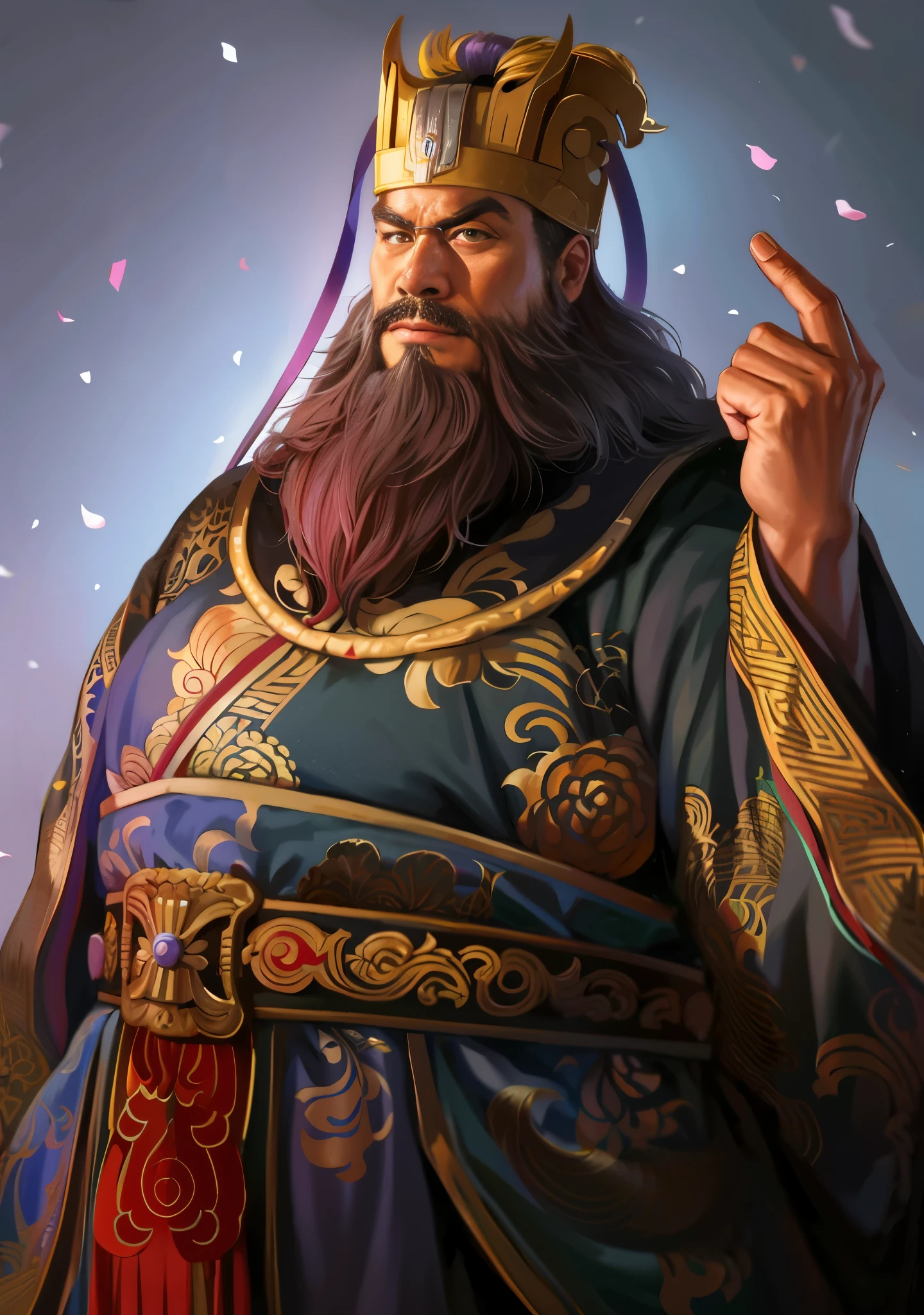 A man wearing a crown、Close-up of a man in a robe, Inspired by Hu Zaobin, China Three Kingdoms, guan yu, bian lian, Inspired by Li Kan, Inspired by Huang Shen, Inspired by Wu Bin, from three kingdoms, inspired by Cao Zhibai, Inspired by Li Cheng, inspired by Wu Daozi, inspired by Huang Ding