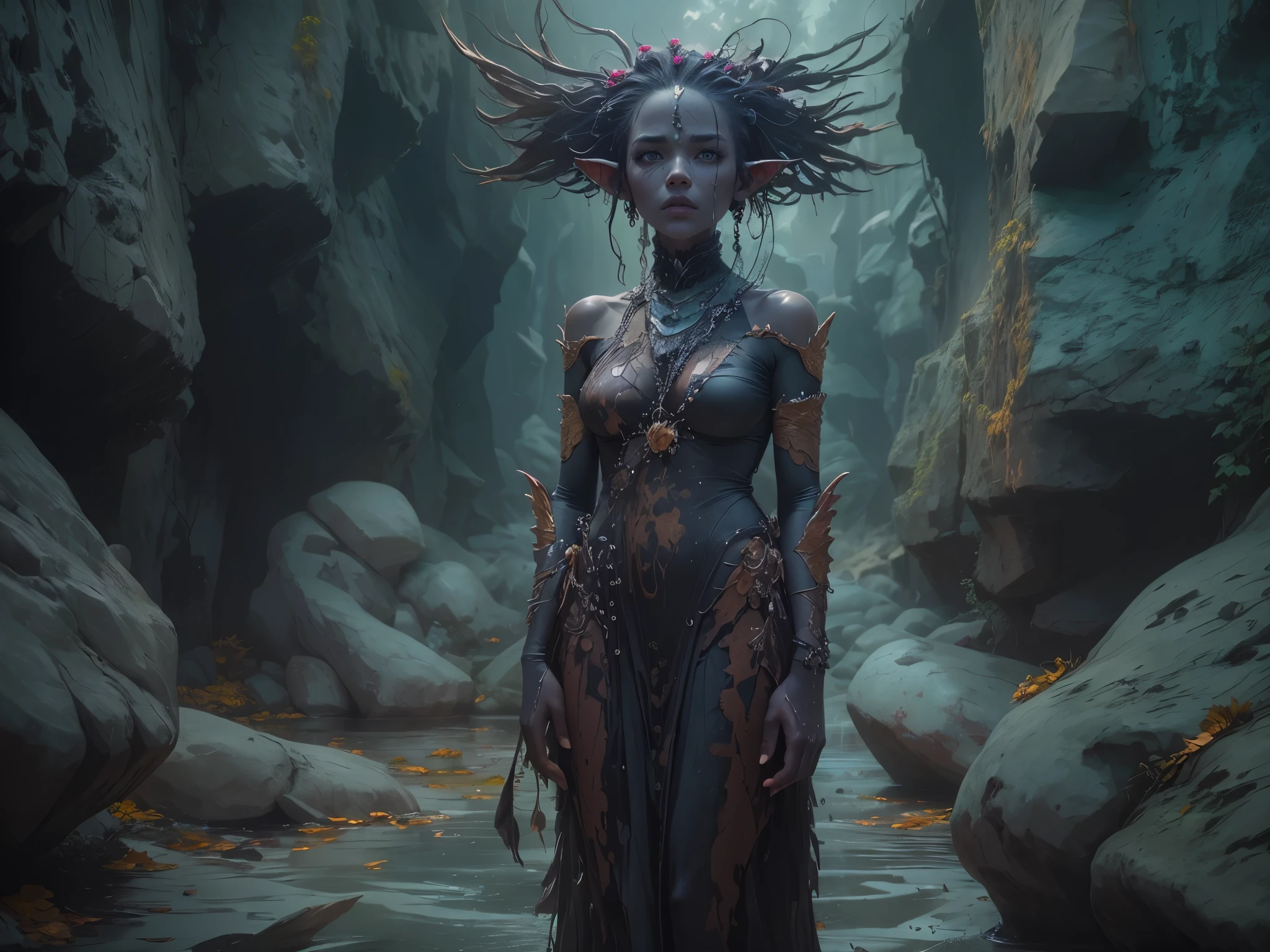 full body length,opal girl ,pretty face,eyebrow up,full body shot,ominous Cleavelandite landscape,niobium gray atmosphere,by art Simon Stalenhag,Nicola Samori,(((Wangechi Mutu))),prime colors,urban,extremely detailed,masterpiece,intricate details,faded,eyes extremely detailed, high detailed eyes,4k resolution,RAW, Nikon Z9,scary village,hunter,goblin,Angel Falls of Venezuela,Stone Forest in Yunnan Province of China,Zhangjiajie National Forest Park of China