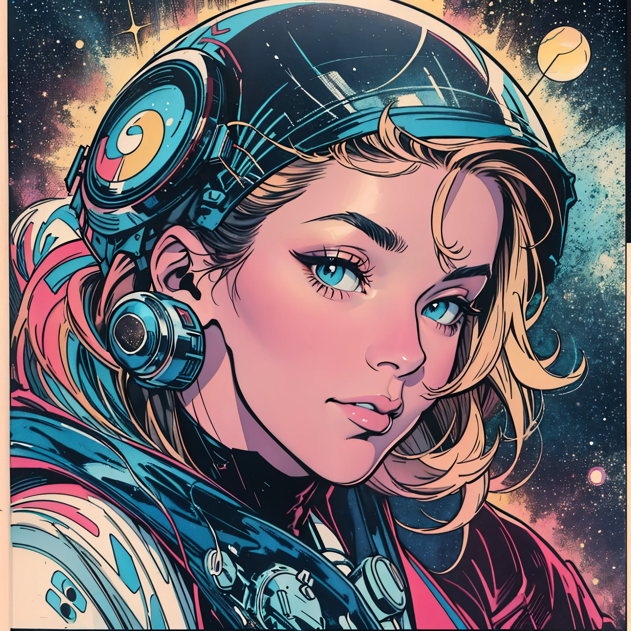 ultimate best quality,beautiful woman,speech bubble,big brest,galaxy,60s,70s,80s,colorful,cosmo,space,