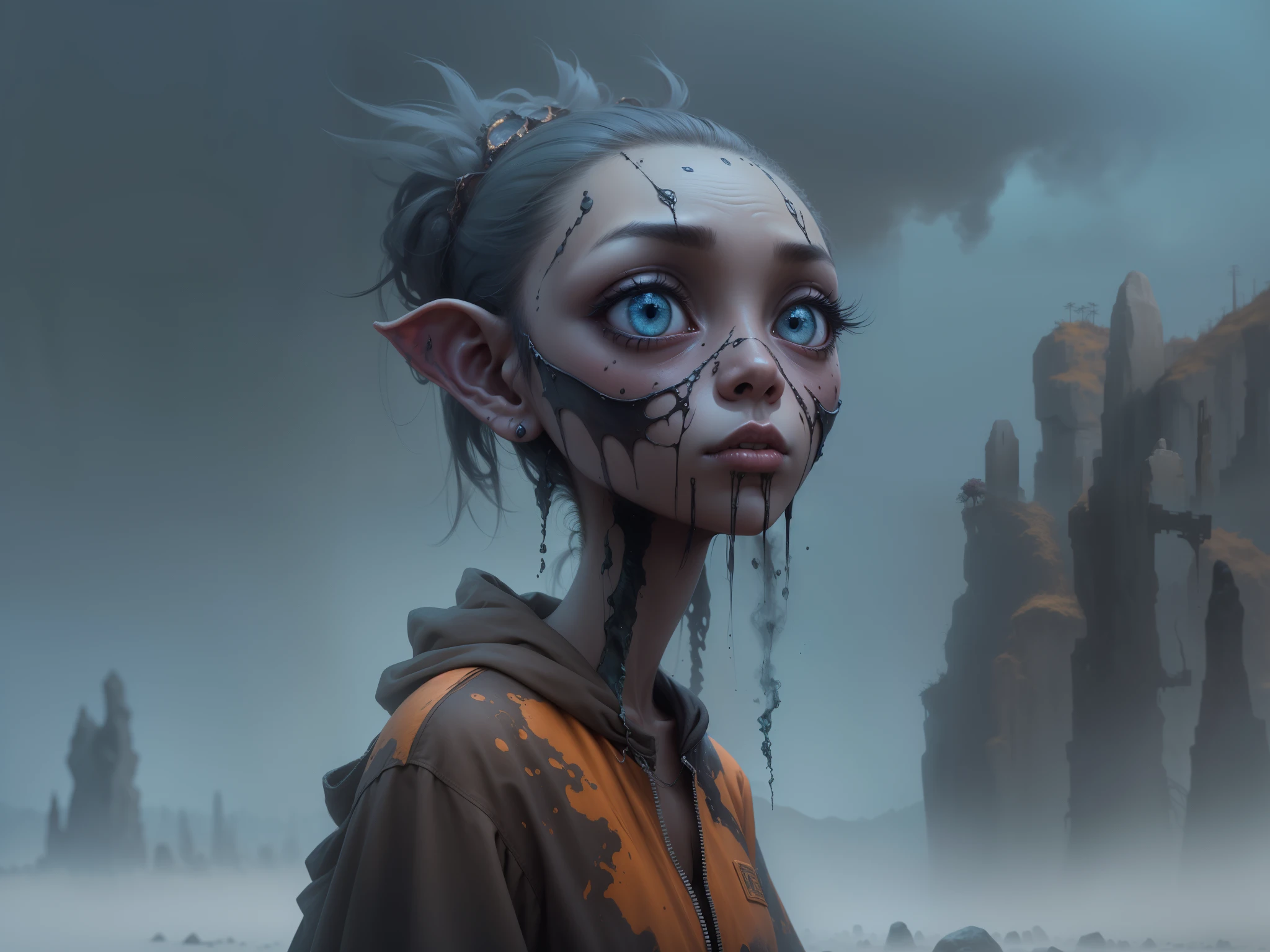 full body length,Labradorite girl ,pretty face,eyebrow up,full body shot,ominous landscape,glate gray atmosphere,by art Simon Stalenhag,Nicola Samori,(((Wangechi Mutu))),prime colors,urban,extremely detailed,masterpiece,intricate details,faded,eyes extremely detailed, high detailed eyes,4k resolution,RAW, Nikon Z9,scary town,stalker,goblin,Dubai of United Arab Emirates,Stone Forest in Yunnan Province of China,Zhangjiajie National Forest Park of China