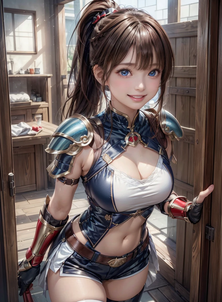 (highest quality:1.3), High resolution, Very detailed, Very detailedな CG Unity 8k 壁紙, Realistic, photo-Realistic, RAW Photos, Beautiful and dense face, White skin, Realistic glistening skin, High-quality fabric, Detailed hair texture, Perfect body, Beautiful Features, Accurate, Anatomically correct, Very detailedな顔と肌の質感、One Girl, cute, ((brown hair、ponytail, deep blue eyes: 1. 2)), Shiny Hair, Thick bangs, ((A smile showing white teeth: 1. 2)), (red and black armor、Ultra Micro Hot Pants:1、3), 