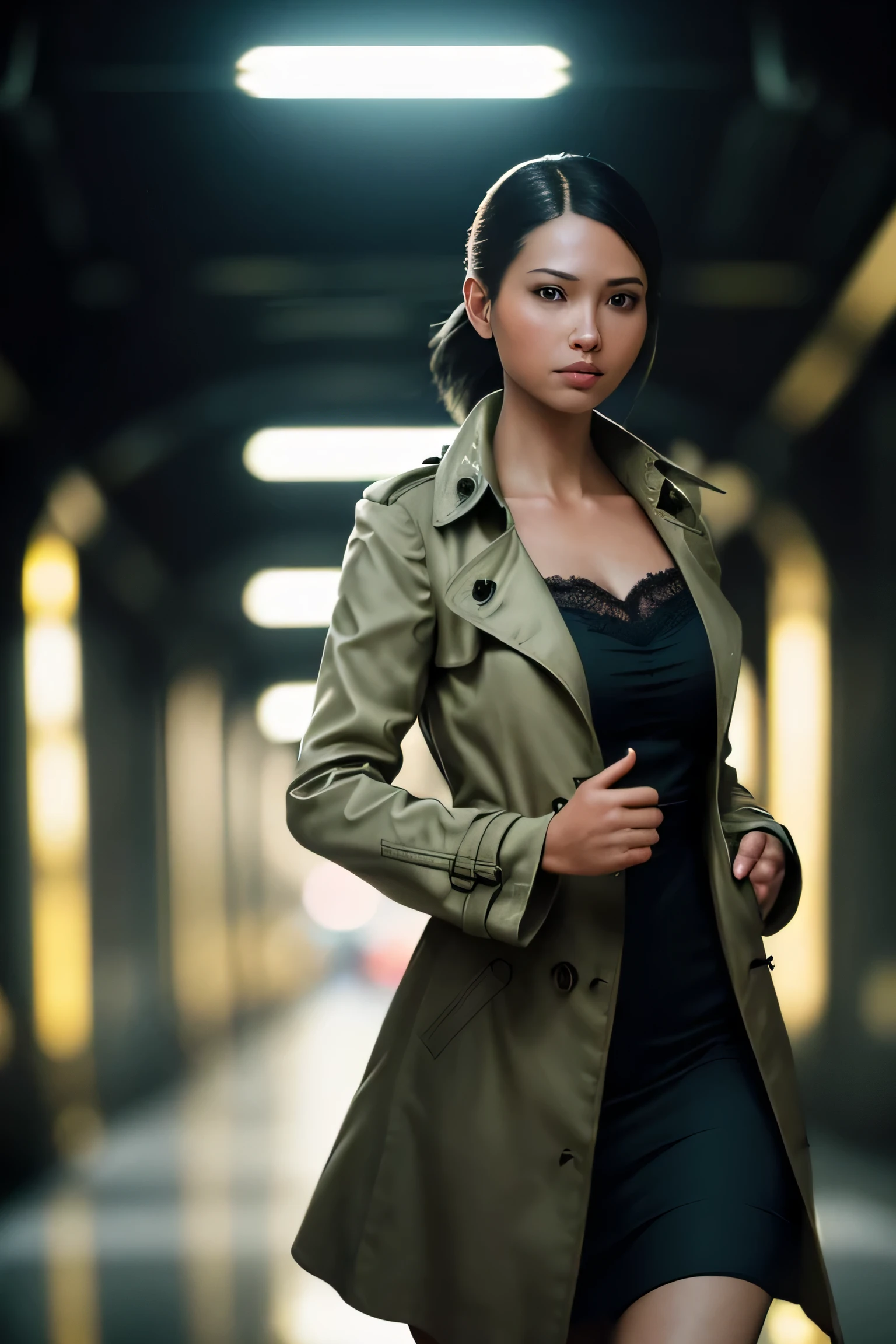 (masterpiece), (extremely intricate:1.3), (realistic), a girl, (future nostalgia), (dynamic perspective), dynamic angle, the most beautiful in the world, trench coat, camisole dress, smirk, tunnel, professional photograph of a stunning woman detailed, sharp focus, dramatic, award winning, cinematic lighting, octane render unreal engine, volumetrics dtx, (film grain, blurry background, blurry foreground, bokeh, depth of field)