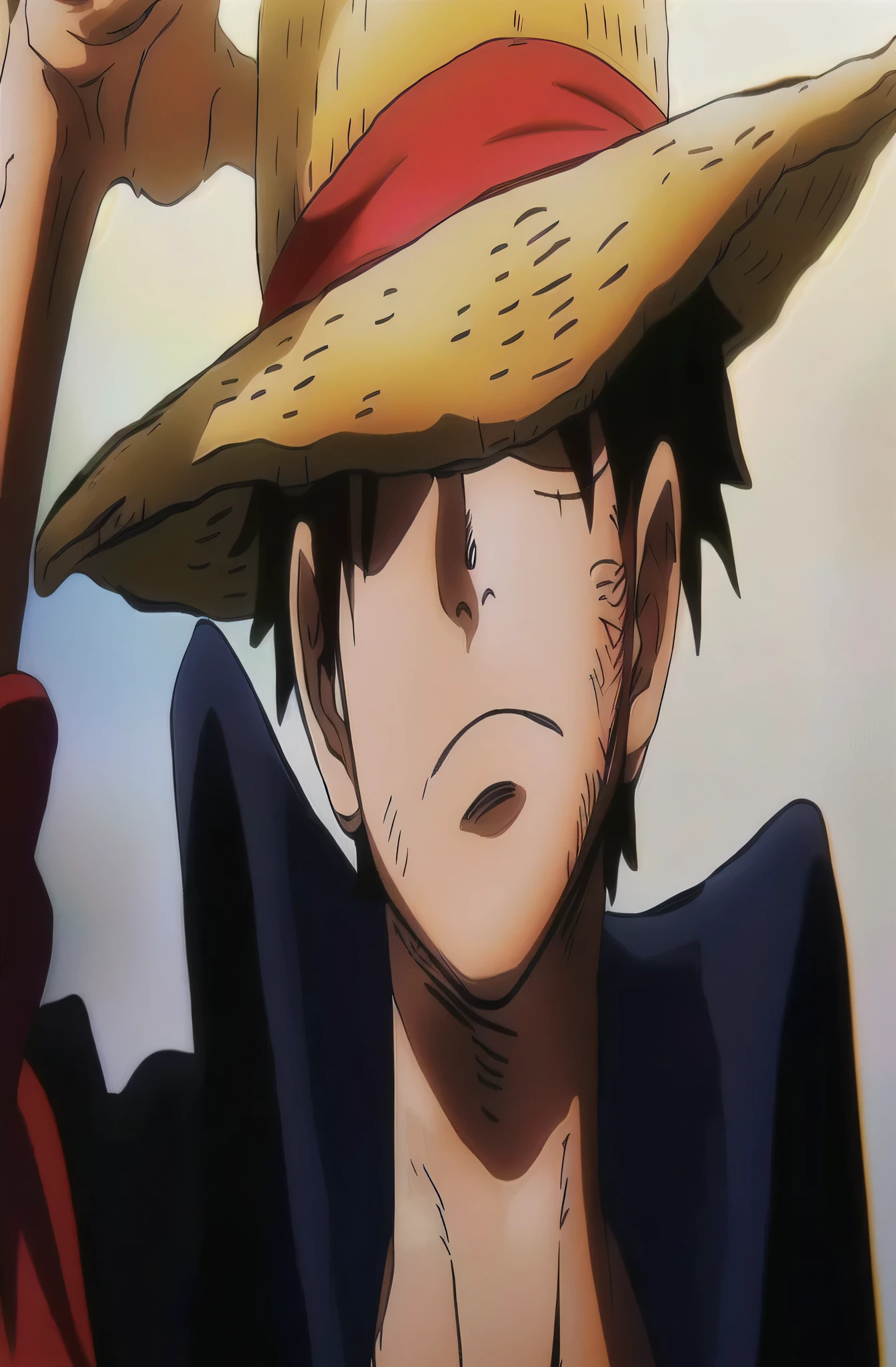 anime character Wearing a straw hat and red shirt holding a baseball bat, Luffy (one piece, Luffy, portrait of Luffy from one piece, Monkey D Luffy, Monkey D. Luffy, Luffy from one piece, from one piece, Luffy gear 5, inspired by Eiichiro Oda, one piece artstyle, Eiichiro Oda Kaze, Wearing a straw hat, one piece style, one piece