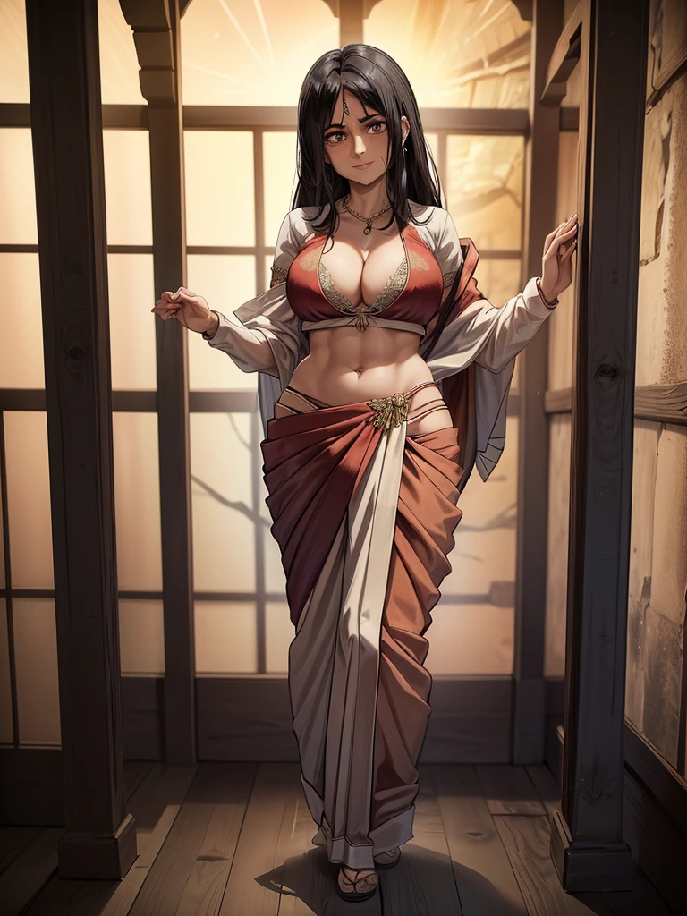 （8k, RAW photos, minino：1.1） ，female，（looki at viewer company），cowboy lens，Japanese，pieck / (attack on titan\），（fullbody saree：1.1），La Brett Piercing，cleavage，((( saree)))，seductive smile，Be red on the face, full body photo, standing, lean, muscular legs, muscular belly, blouse, long hair, black hair, eyes, open hair, medium breasts,Professional lighting、photon mapping、physics-based rendering、dark theme，wearing wifs, jewellery and necklace, alone, extreme high quality, legs covering saree