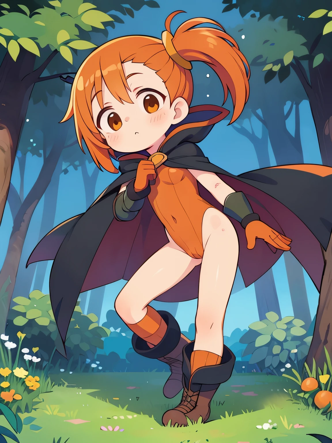 Thin body, Orange Hair, short hair, Side Ponytail, Big droopy eyes, Bright orange eyes, cute, high quality,Black Cape, Brown boots, Orange gloves,Outdoor,Green Hill,naked,,Put your hands on your crotch,Woman masturbation