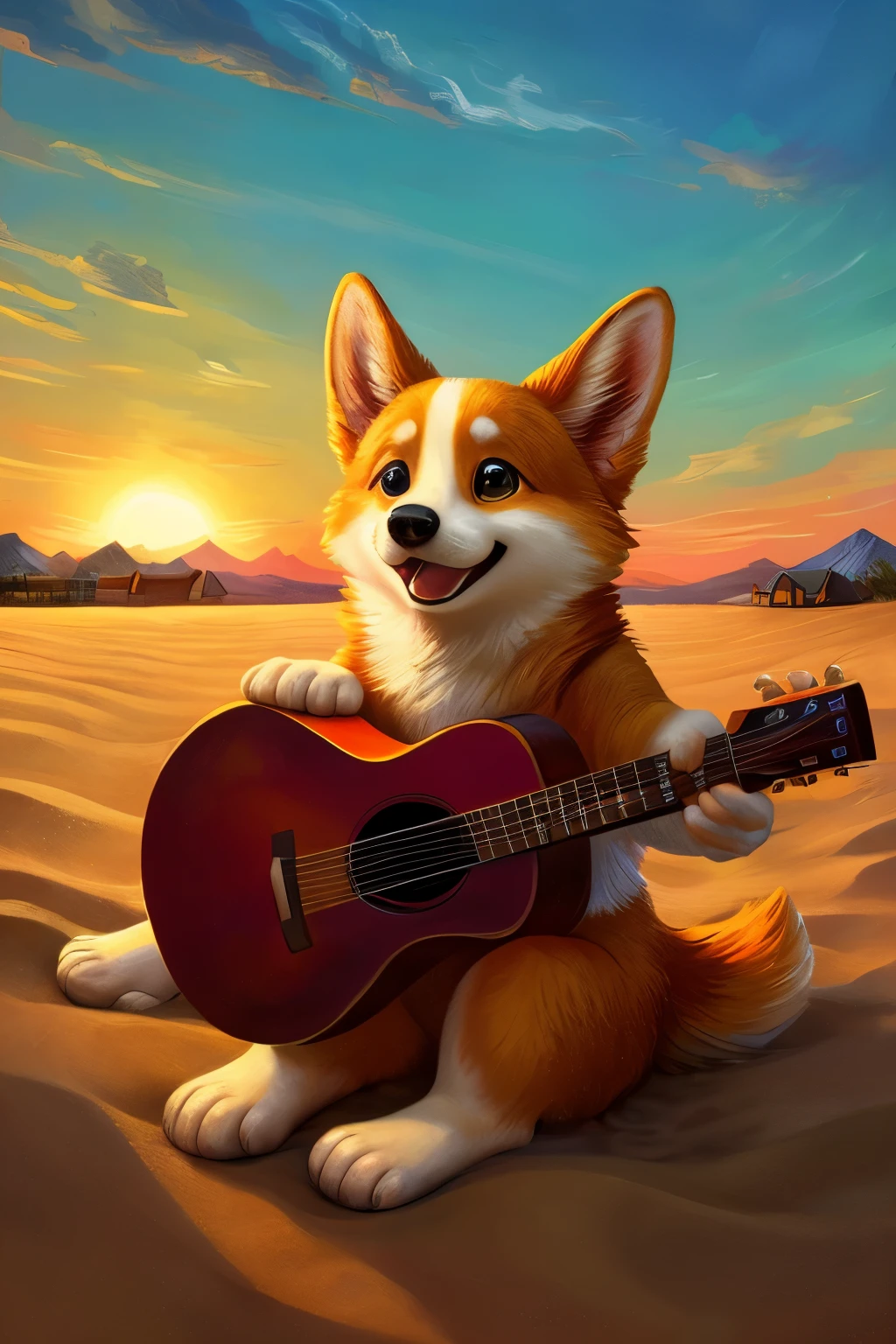An exquisitely rendered image of a corgi playing a guitar outdoors, set against the breathtaking backdrop of a sand scene and the dynamic skyline, in the distinctive style of the Color Field painters, Star Art Group (Xingxing). The highly realistic illustration showcases the corgi's playful expression as it strums the guitar strings, its large, expressive eyes filled with joy and concentration. The scene is bathed in a warm, vibrant color palette, featuring light red and deep amber hues that evoke the essence of a sunny day. The masterful brushstrokes of Vincent van Gogh and the intricate details of Oleg Shuplyak