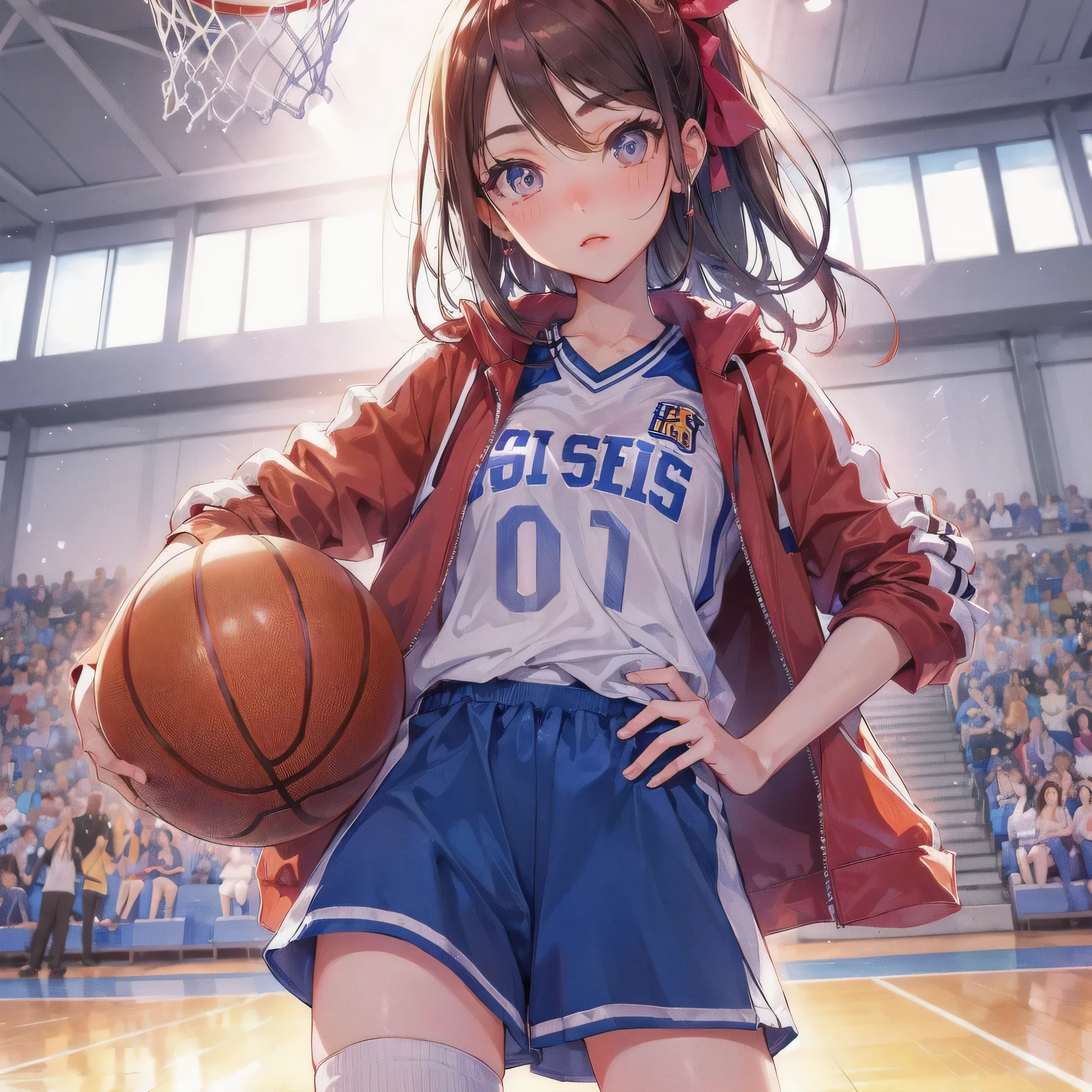 high quality,HD,16k,sharp lines,1 girl,Female basketball athlete ,cute face, large breasts, nice legs,At the basketball venue,focus girl,detailed beautiful face,detailed clothes,beautiful eyes,cool,dynamic angle
