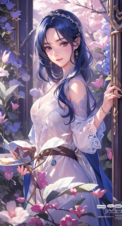 ((highest quality)), ((masterpiece)), (Get used to it), Perfect Face , masterpiece、highest quality、High resolution、High-quality images、8k, 1 female、Skin Radiance、Texture of skin and clothing、Expression of fine eyes、Shiny dark blue hair,Girl with long braided hair, Manga inspired by Lee Jong-suk, Trending on deviantart, realism, detailed manga style, Manga art style, Perfect Line Drawing, Beautiful line art, digital manga art girl, K-POPアイドル, Beautiful Blue Eyes, Lips become thicker, Gorgeous face with attention to detail, (Cute Smile), charm, Innocent, Side view, (Perfectly detailed face), (Beautiful Hands) Photorealistic images, Written boundary depth, 20th Generation ,beautiful girl , green rose , Lace dress , Medium Chest , protruding shoulders , I can see her cleavage , green rose , 背景にはたくさんのgreen roseがあります ,