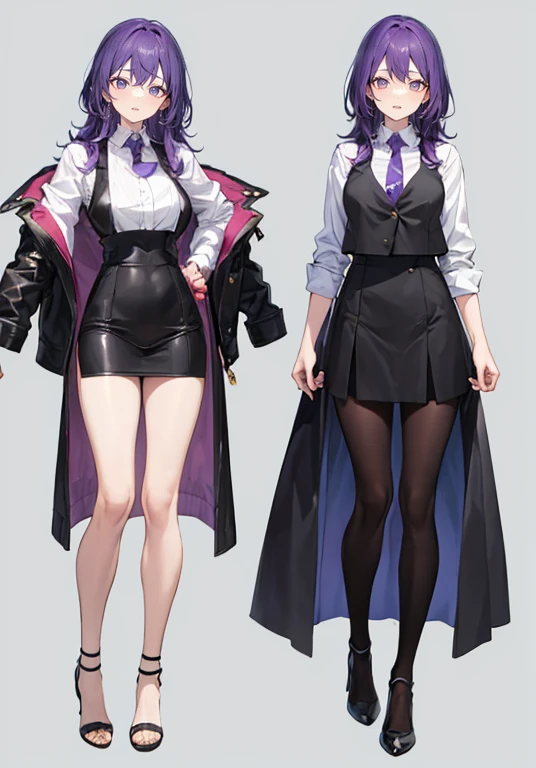 ((Perfect Face)),Purple Hair,voluminous long hair,1 female,bartender,suit,Black vest,Shirt with rolled up sleeves,tie,slit,High heels,,((Simple Background)),smile,((whole body)),((whole body)),Portraiture,virtual,upright,,Both arms are down,Standing upright with face and body facing forward,