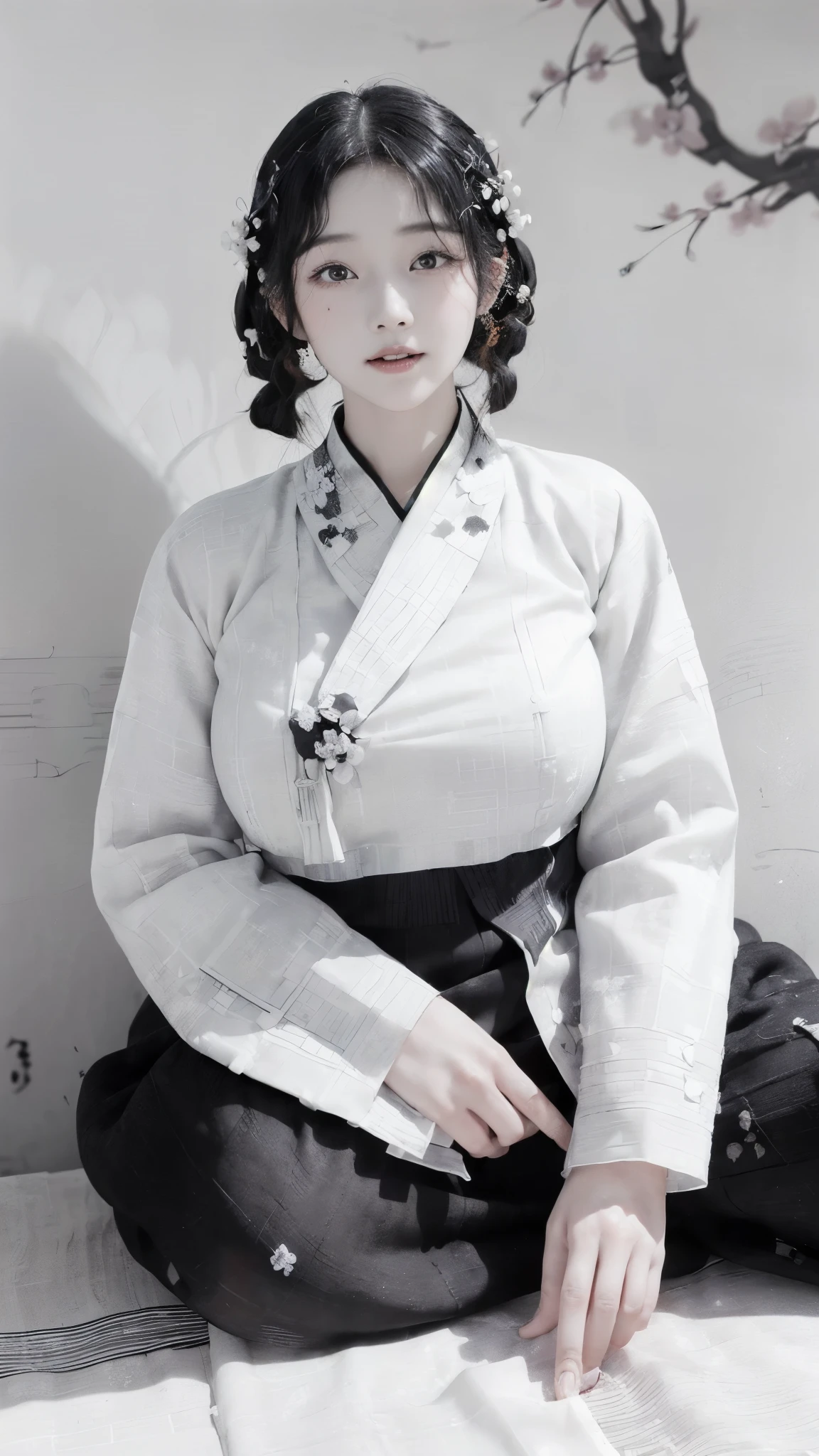 (best quality, 8K, masterpiece: 1.3), ((((((Incredibly huge breasts: 0.8))))), hairpin, (beautiful face:1.3), plum blossom ink painting background,authentic hanbok, 1920s photo studio, (Feels like a faded photo: 1.4), old photos, smile, (black and white photography: 1.5), 1920s Hanbok style and hairstyle, retro style