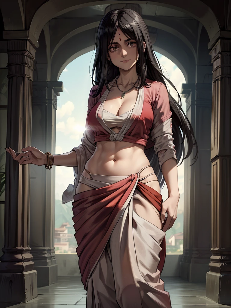 （8k, RAW photos, minino：1.1） ，female，（looki at viewer company），cowboy lens，Japanese，pieck / (attack on titan\），（fullbody saree：1.1），La Brett Piercing，cleavage，((( saree)))，seductive smile，Be red on the face, full body photo, standing, lean, muscular legs, muscular belly, blouse, long hair, black hair, eyes, open hair, medium breasts,Professional lighting、photon mapping、physics-based rendering、dark theme，wearing wifs, jewellery and necklace, alone, extreme high quality, legs covering saree