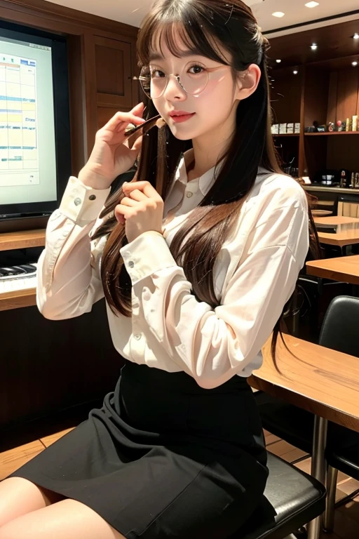 Sit on the office floor、1 girl in, Super big in shirt, Solo,  thighs thighs thighs thighs,   Long hair,    Large breasts, Brown hair, personal computers、houseplant, Looking at the camera, Face Focus, Bangs,Glasses with light silver trim, Smile,Detailed hand、Detailed feet、Slimed、OL、Office Casual Suit、pencil skirts、White button shirt with collar、((backshots))