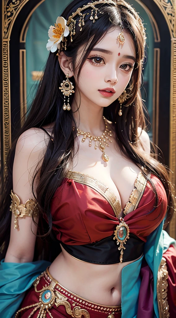 Une femme en sari posant pour une photo, Indian, traditional beauty, Indien, beautiful girl, red Ornate Cosplay, en tailleur, Super mannequin indien, Belle jeune fille, femme magnifique, Asie du Sud-Est avec Long, Indien provocateur, magnifique belle femme, Tenue complexe, Hindu aesthetics, belle fille asiatique, Extremely detailed shot of the girl, jaw dropping beauty, Big breasts deep neckline sexy navel