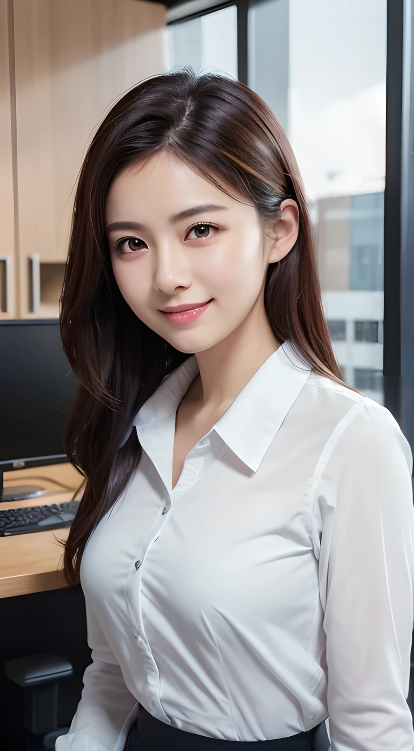 (Masterpiece, BestQuality:1.3), (ultra detailed 8k:1.2), (hyper realistic:1.35),(RAW photo:1.2),High detail RAW color photo, professional photograph, (Photorealistic:1.45), (realistic:1.4),
BREAK
1 beautiful girl, japanese Business woman,(Dynamic Pose: 1.2),(bewitching smile:1.3), (super beautiful woman:1.3), beautiful skin, detailed dark brown eyes, detailed face, white shirt with collars, waist up, upper body,18 yo,office lady, BREAK at office floor, profesional lighting,PC desk