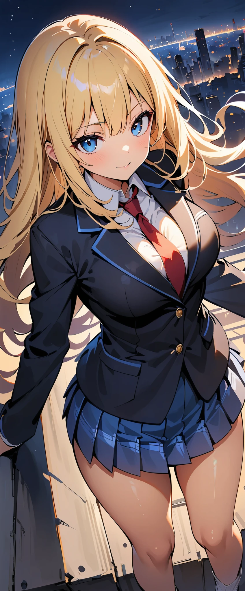 (high quality, 8k, 4K, High Contrast, masterpiece:1.2, 最high quality, Best aesthetics), (Dynamic Angle), Sexy school girl, Detailed face and body, Beautiful breasts, Confident expression, (Blonde, Long Straight Hair), Shiny hair fluttering in the wind, Black blazer, White shirt and red tie, mini skirt, Top view, Dynamic pose, Looking up at the night sky, Dutch Angle, Reinforced concrete construction, Rooftop, with the cityscape as the backdrop, Correct perspective, Night Time, Night view,