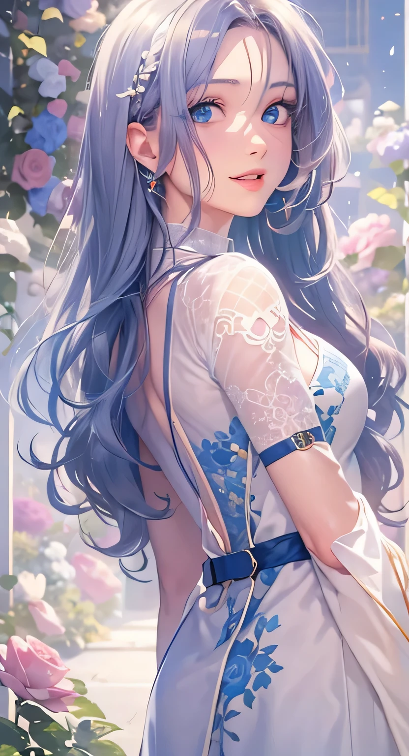 ((highest quality)), ((masterpiece)), (Get used to it), Perfect Face , masterpiece、highest quality、High resolution、High-quality images、8k, 1 female、Skin Radiance、Texture of skin and clothing、Expression of fine eyes、Shiny dark blue hair,Girl with long braided hair, Manga inspired by Lee Jong-suk, Trending on deviantart, realism, detailed manga style, Manga art style, Perfect Line Drawing, Beautiful line art, digital manga art girl, K-POPアイドル, Beautiful Blue Eyes, Lips become thicker, Gorgeous face with attention to detail, (Cute Smile), charm, Innocent, Side view, (Perfectly detailed face), (Beautiful Hands) Photorealistic images, Written boundary depth, 20th Generation ,beautiful girl , green rose , Lace dress , Medium Chest , protruding shoulders , I can see her cleavage , green rose , There are many green roses in the background ,