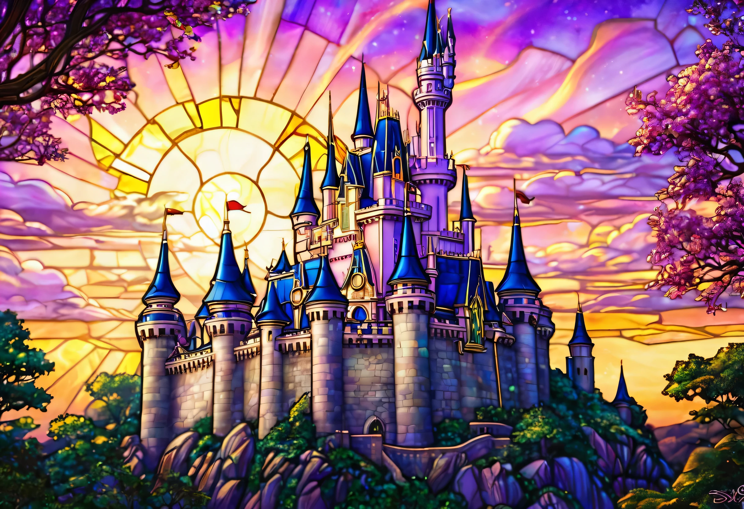 sky and trees々A picture of a castle with a background of, Shining stained glass background, Golden Sunset Stained Glass, Stained Glass Art, stained glass style, Disney-inspired landscapes, Disney Art, Magic Castle, Backlit stained glass, gothic stained glass style, Amethyst Stained Glass, Disney-inspired art, Disney Art style, Exquisite stained glass, kingdom of light background
