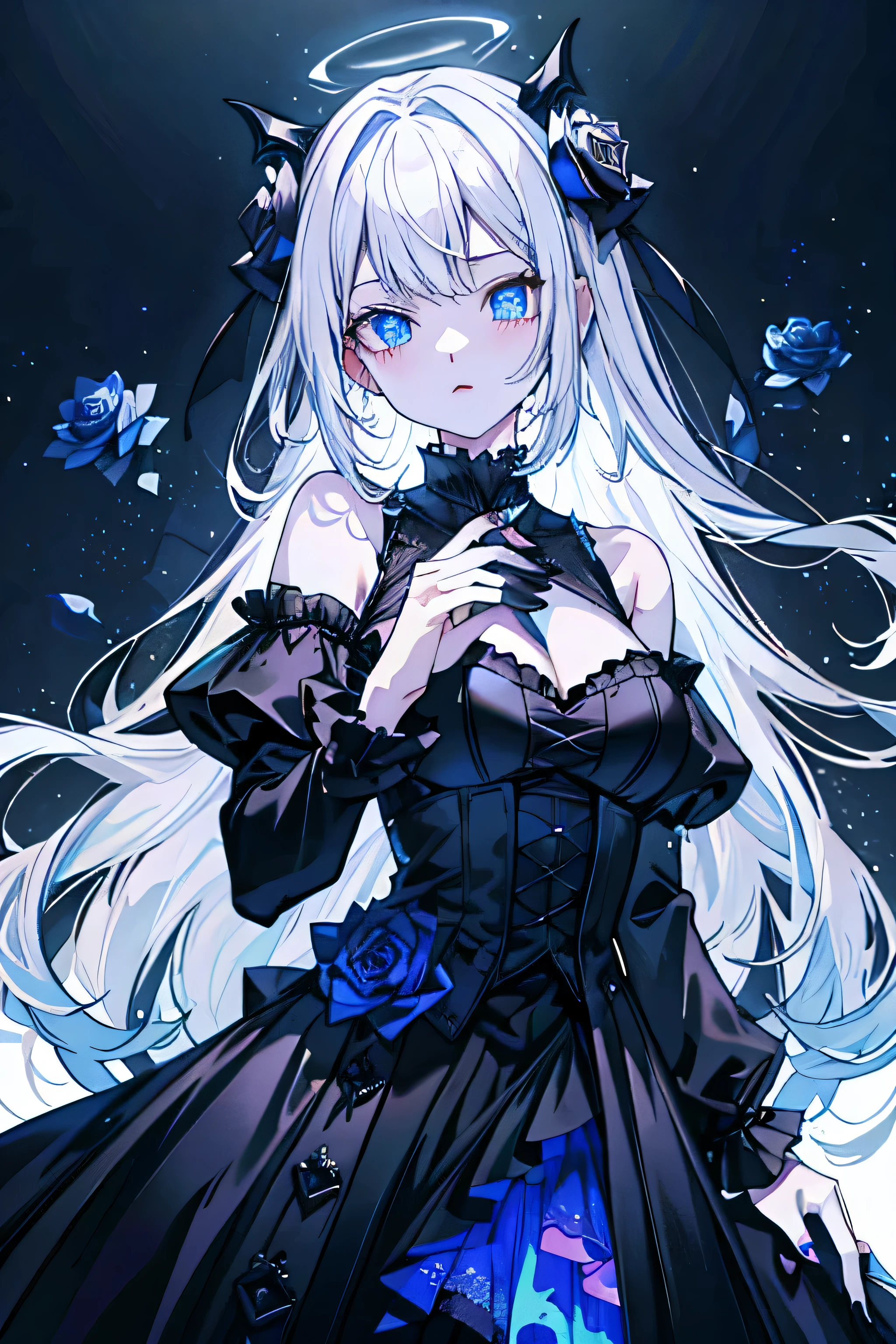 highest quality,Blue Moon,Black Rose,White Hair,blue eyes,Black Dress,vampire,Black nails,rose on my chest,Night Sky,Gothic