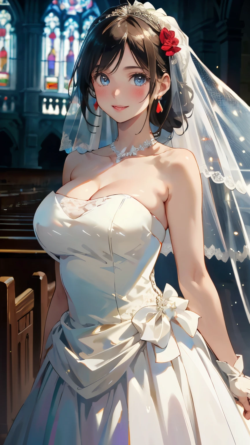 (masterpiece:1.2, top-quality, ultra high res, ultra detailed), (realistic, photorealistic:1.4), beautiful illustration, (natural side lighting, movie lighting), depth of fields,
looking at viewer, bust photo, 1 girl, , perfect face, (perfect anatomy), cute and symmetrical face, baby face, shiny skin, slender
(long hair:1.8, drill hair:1.7, blonde hair), parted bangs, blue eyes, pink lips, long eye lasher, (large breasts:1.3), 
beautiful hair, beautiful face, beautiful detailed eyes, beautiful clavicle, beautiful body, beautiful chest, beautiful thigh, beautiful legs, beautiful fingers, 
detailed cloth texture, wedding princess dress, head flower, headdress, (bandeau wedding dress:1.5), (silk dress:1.2), (strapless wedding dress:1.5), 
plain white dress, necklace, earring, cleavage, bouquet, (lace gloves:1.2), (bridal veil:1.2), (short transparent veil:1.2), 
(beautiful scenery), evening, crystal clear sunlight, (church, stained glass) standing, (happy smile, blush), 