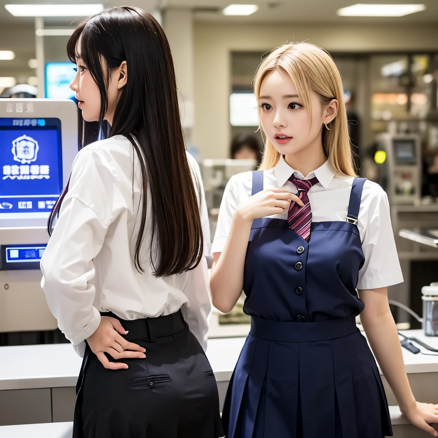 Pachinko parlors、Japanese amusement park、(uniform、shirt、tie、Best、skirt)、Pachinko Machine、Pachislot machine、clerk、A young and beautiful woman、Faded Blonde、Back view、A beautiful profile as she turns around、Push one's hips out towards the viewer、Panties are slightly exposed、Surprised face、