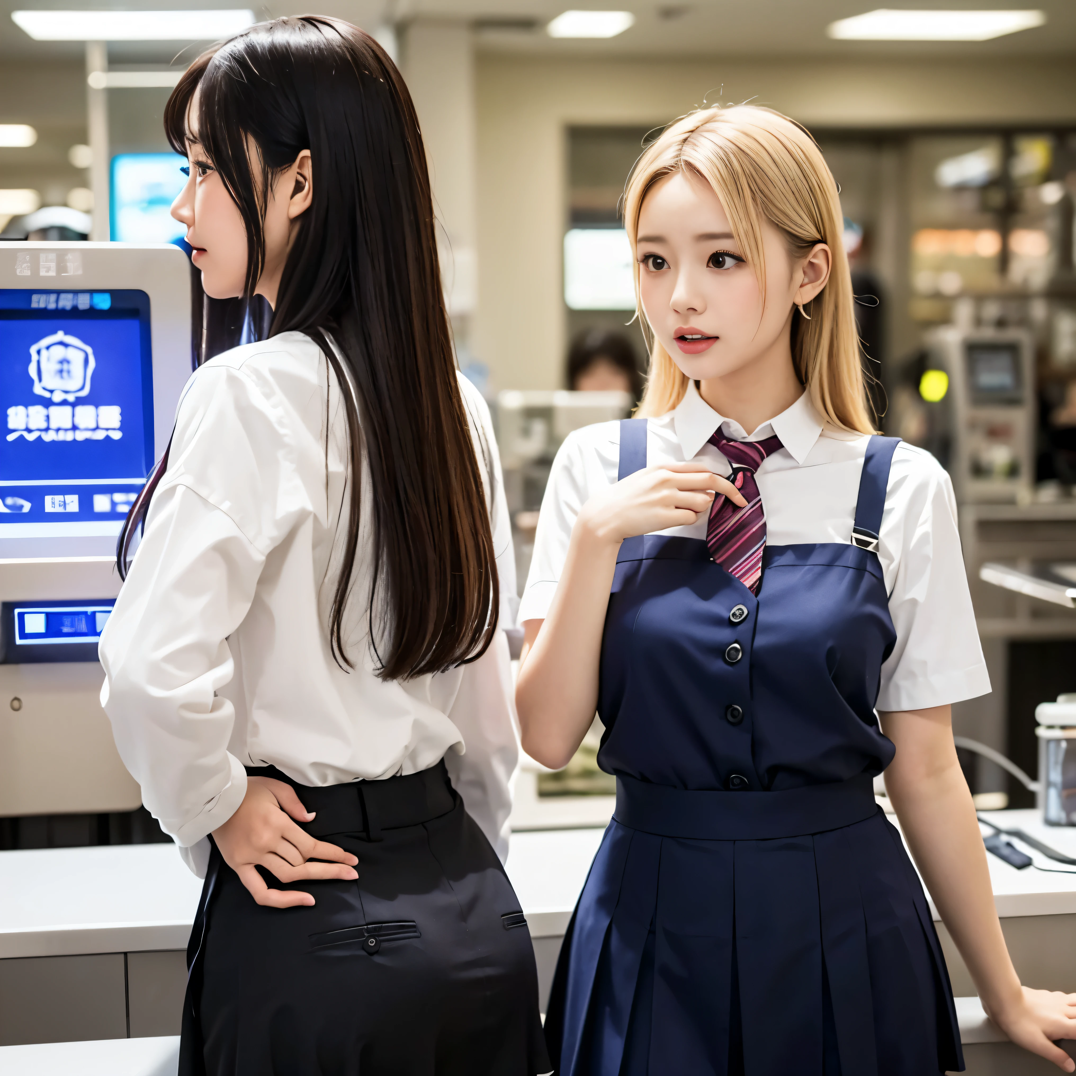 Pachinko parlors、Japanese amusement park、(uniform、shirt、tie、Best、skirt)、Pachinko Machine、Pachislot machine、clerk、A young and beautiful woman、Faded Blonde、Back view、A beautiful profile as she turns around、Push one's hips out towards the viewer、Panties are slightly exposed、Surprised face、