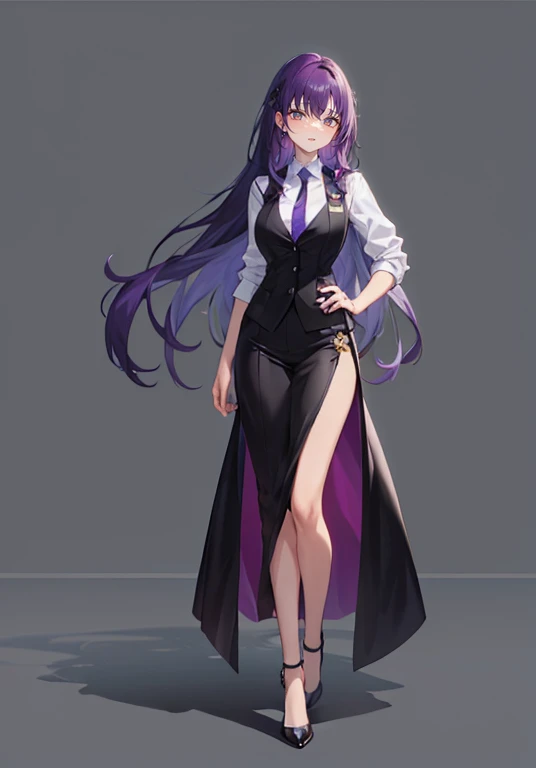 ((Perfect Face)),Purple Hair,voluminous long hair,1 female,bartender,suit,Black vest,Shirt with rolled up sleeves,tie,slit,High heels,,((Simple Background)),smile,((whole body)),((whole body)),Portraiture,virtual,upright,,Both arms are down,Standing upright with face and body facing forward,