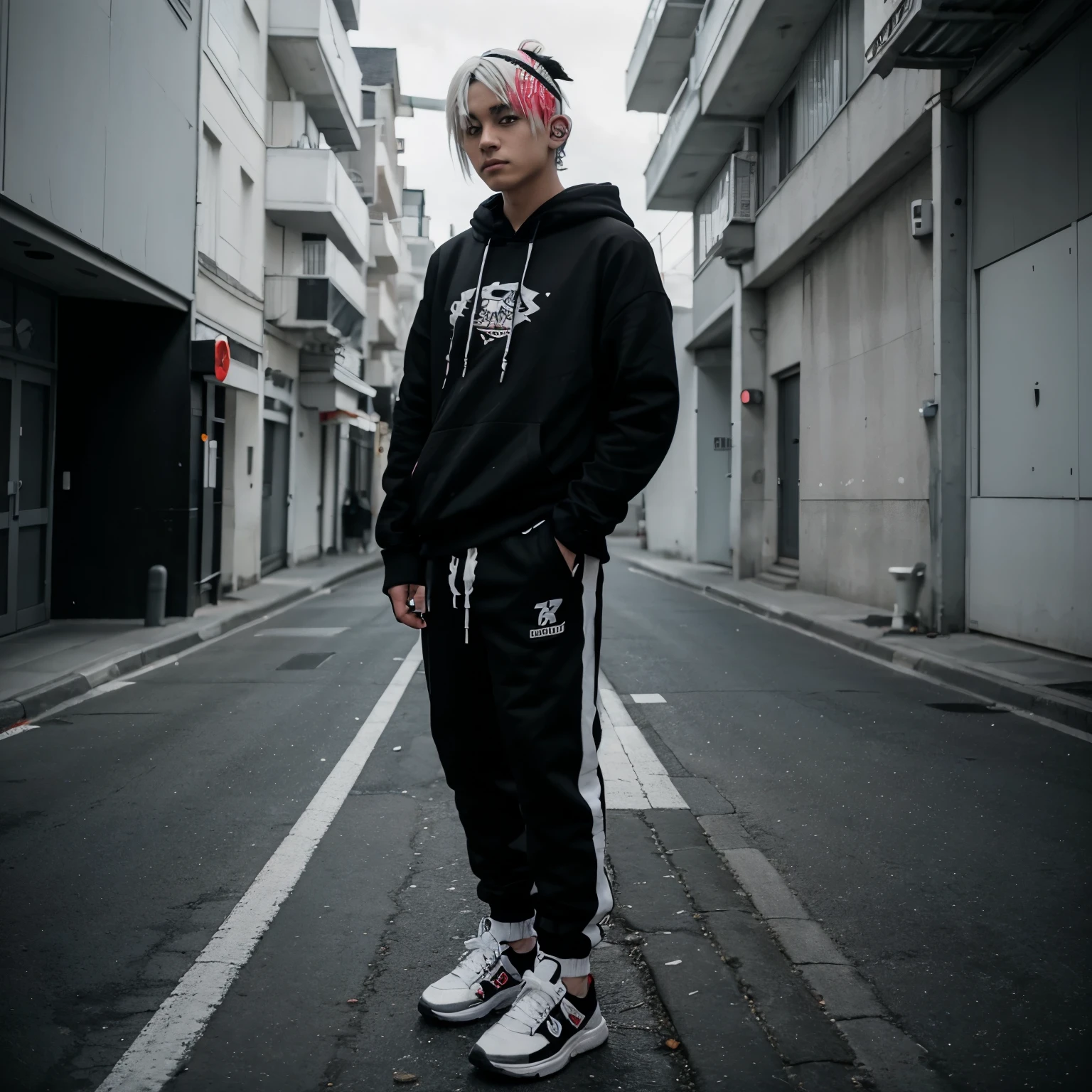 Anime teenager boy with white hair and black and white hair band with black hoody black track pants and black and white shoes