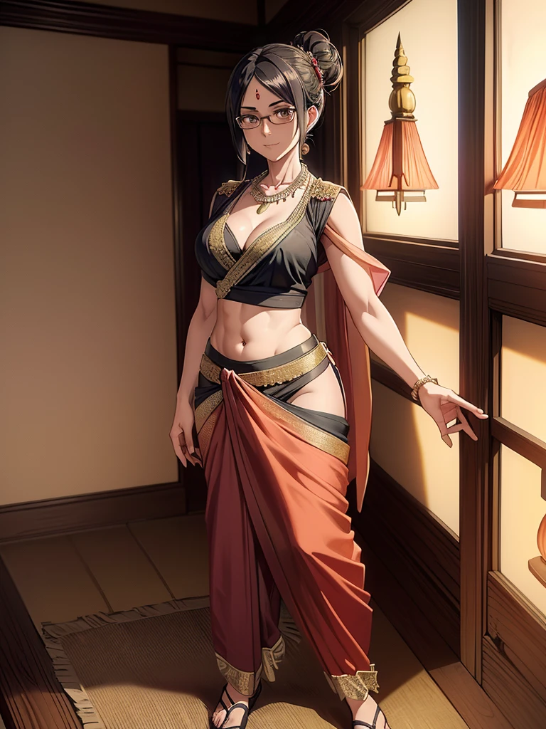 （8k, RAW photos, minino：1.1） ，female，（looki at viewer company），cowboy lens，Japanese，hange / (attack on titan\），（fullbody saree：1.1），La Brett Piercing，cleavage，((( saree)))，seductive smile，Be red on the face, full body photo, standing, lean, muscular legs, muscular belly, blouse, long hair, black hair, eyes, bun hair, medium breasts, glasses, Professional lighting、photon mapping、physics-based rendering、dark theme，wearing wifs, jewellery and necklace, alone, extreme high quality, legs covering saree