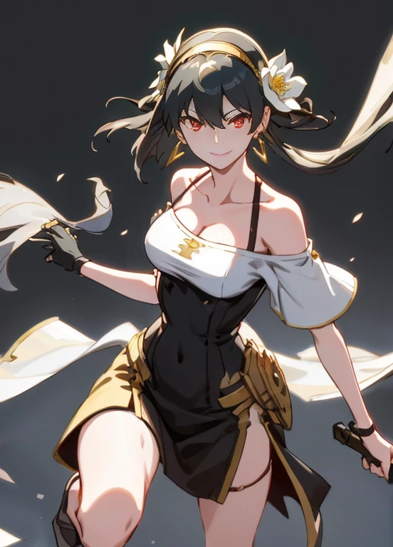 ((masterpiece)), (pale skin:1.3), (bokeh effect), (dynamic angle), (blurry background:1.3), (dynamic pose:1.1), sharp eyes, (1girl:1.2), (black hakama:1.3), (short hair:1.1), dark hair, (hair with long locks:1.3), (blunt bangs:1.1), from behind, (bare back:1.1), (elbow gloves:1.3), (bare shoulders:1.3), (sideboob:1.2)