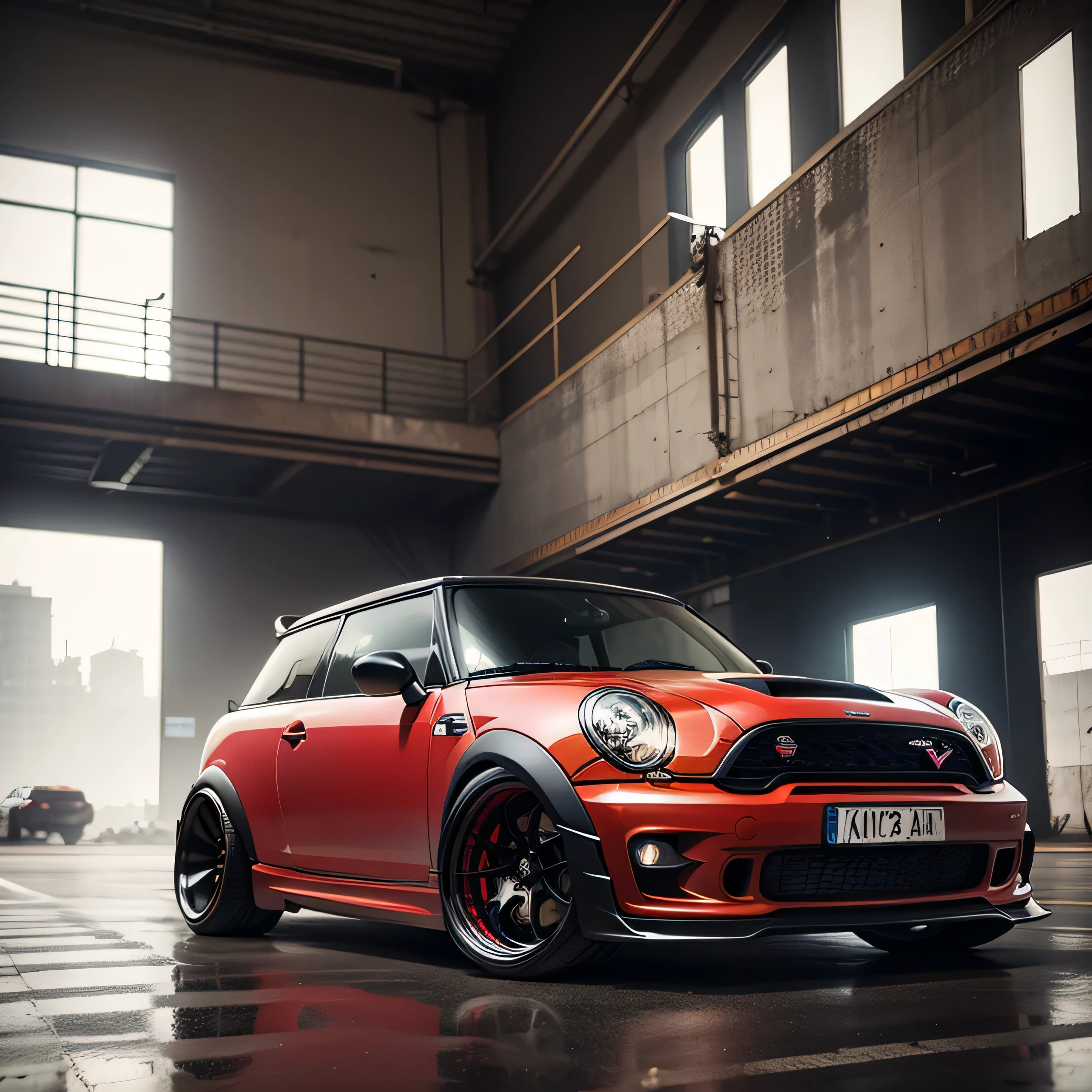 camelon Classic Mini Cooper S JCW, ((carbon fibre, Liberty walk ultra wide body kit)), aggressive stance ((background: inside old industrial style building, large windows in background, overcast sky, heavy industrial look, cobble stone street)), 8K quality, realistic, realism, sharp, detailed, ultrawide, black and carbon fibre and deep candy apple red scheme, front profile, epic stance, epic ultra wide body kit, super low stance, aggressive looks
