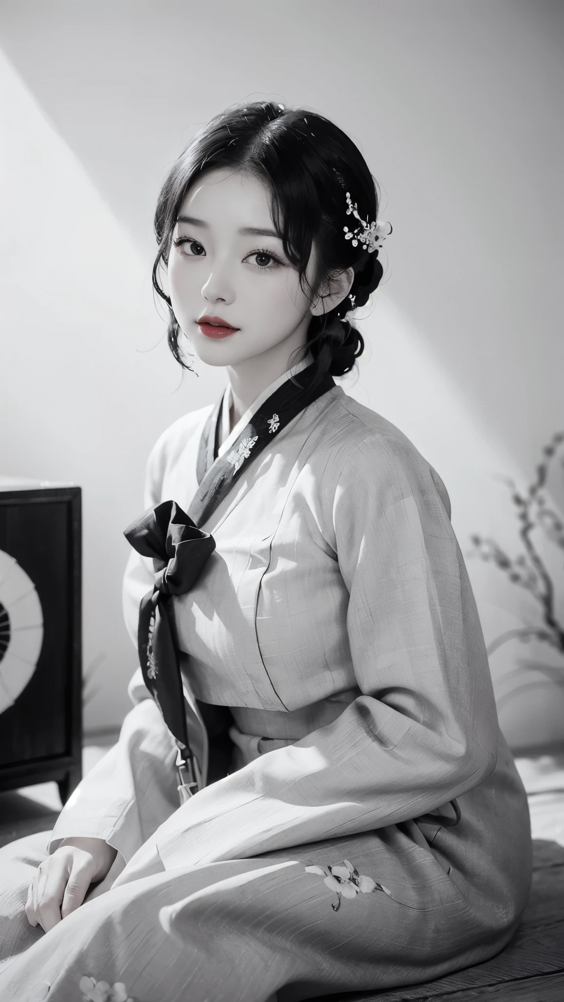 (best quality, 8K, masterpiece: 1.3), ((((((Incredibly huge breasts: 0.8))))), hairpin, (beautiful face:1.3), plum blossom ink painting background,authentic hanbok, 1920s photo studio, (Feels like a faded photo: 1.4), old photos, smile, (black and white photography: 1.5), 1920s Hanbok style and hairstyle, retro style, red highlight, red jeogori, red lips