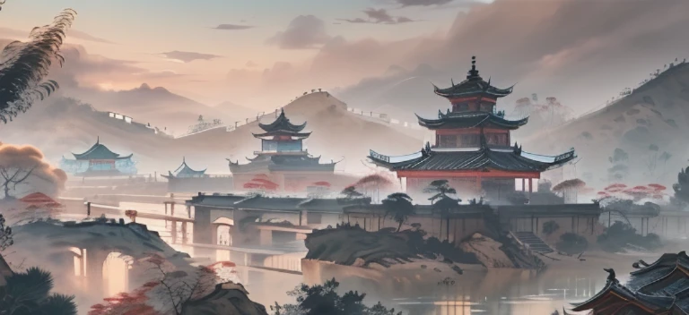 arafed view of a Chinese Village with a river and mountains in the background, Beautiful rendering of the Tang Dynasty, Dreamy China城, Chinese, Dreamy China, Chinese Architecture, ancient Chinese Architecture, Cyberpunk Chinese Ancient Castle, Chinese Village, Chinese Fantasy, 3D rendering and matte painting, High quality matte painting, Delicate matte, Chinese scenery, Chinese watercolor style，high resolution，4k