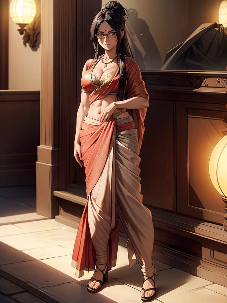 (8k, RAW photos, minino:1.1) ,female,(looki at viewer company),cowboy lens,Japanese,hange / (attack on titan\),(fullbody saree:1.1),La Brett Piercing,cleavage,((( saree))),seductive smile,Be red on the face, full body photo, standing, lean, muscular legs, muscular belly, blouse, long hair, black hair, eyes, bun hair, medium breasts, glasses, Professional lighting、photon mapping、physics-based rendering、dark theme,wearing wifs, jewellery and necklace, alone, extreme high quality, legs covering saree