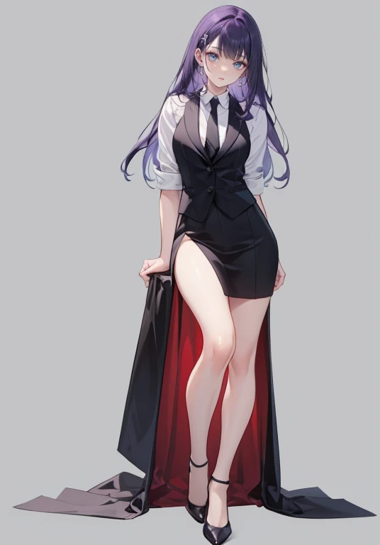 ((Perfect Face)),Purple Hair,voluminous long hair,1 female,bartender,suit,Black vest,Shirt with rolled up sleeves,tie,slit,High heels,,((Simple Background)),smile,((whole body)),((whole body)),Portraiture,virtual,upright,,Both arms are down,Standing upright with face and body facing forward,