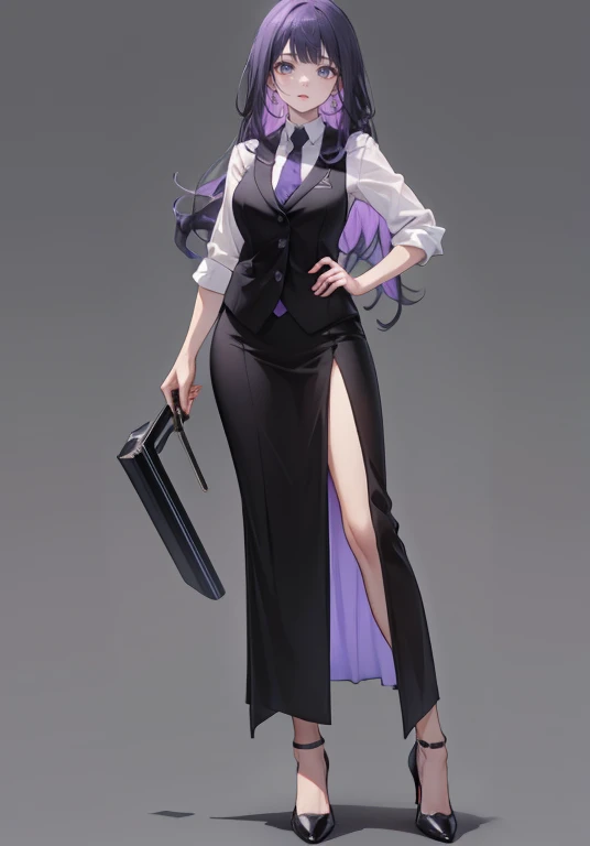 ((Perfect Face)),Purple Hair,voluminous long hair,1 female,bartender,suit,Black vest,Shirt with rolled up sleeves,tie,slit,High heels,,((Simple Background)),smile,((whole body)),((whole body)),Portraiture,virtual,upright,,Both arms are down,Standing upright with face and body facing forward,