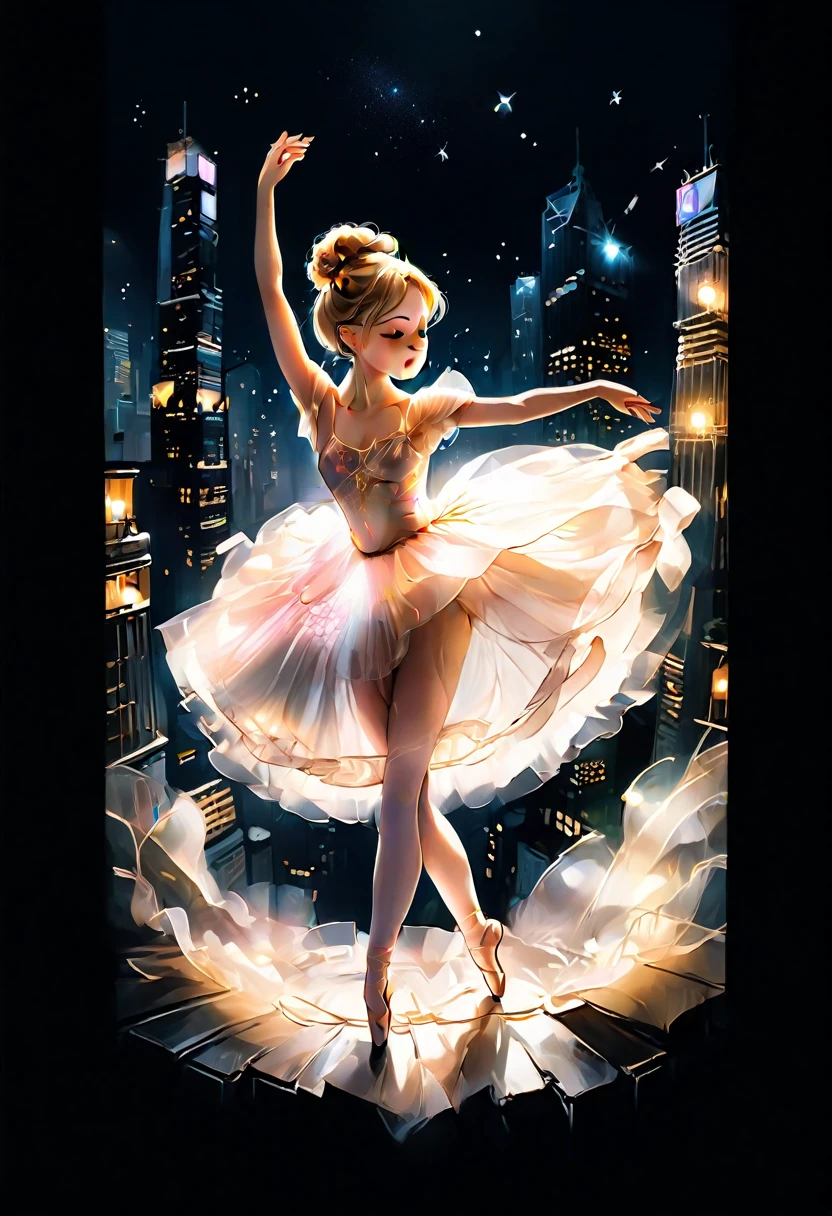 #quality(8k,wallpaper of extremely detailed CG unit, ​masterpiece,hight resolution,top-quality,top-quality real texture skin,hyper realisitic,increase the resolution,RAW photos,best qualtiy,highly detailed,the wallpaper,cinematic,golden ratio), BREAK ,solo,(a girl is dancing a ballet at the very edge of the rooftop of the most highest skyscraper:2.0),solo,#1girl(chibi,cute,kawaii,blonde hair,ballet bun hair,hair floating,hair messy,white tutu dress,ballet shoes,ballet dancer,full body, from above2:0),#background(dark,at midnight,city lights,from above),long shot,wide shot,(from above:2.0),(from above:2.0),vivid color,aerial view