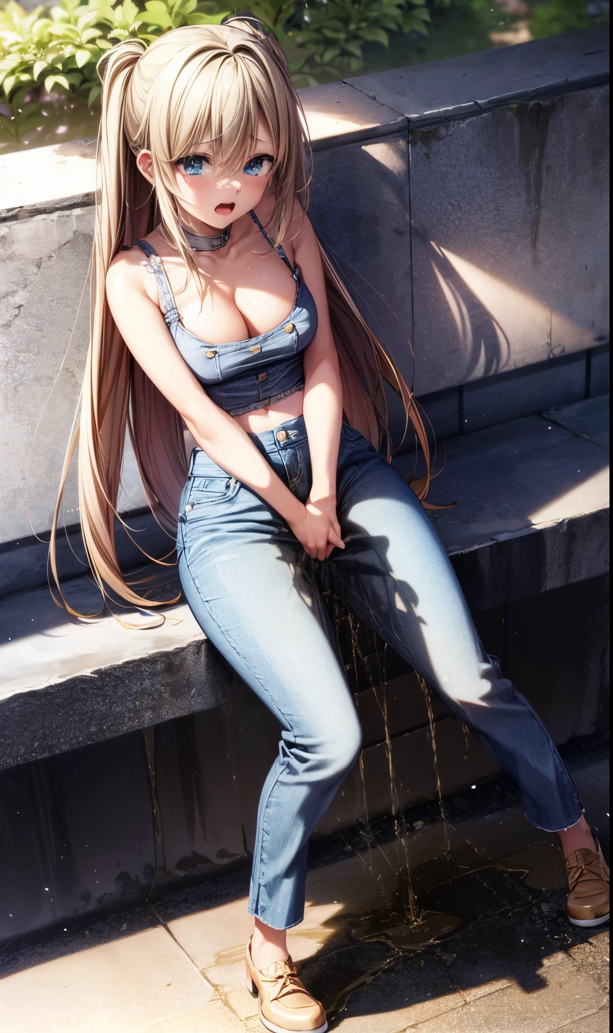 ultra high resolution, (dynamic angle, standing pose:1.2), outdoors, downtown, (legs focus, full body:1.3), (beautiful face, beautiful eyes, beautiful legs), not safe for work, (peeing self:1.5), wetting herself, (pee stain:1.3), peeing herself, (urination:1.3),
20 year old, european, white skin, blush, scared, panicking, crying, tears, open mouth, topwear, hard nipples, cleavage, (hands between legs:1.4), skinny, wide hips, thin waist, (jeans pants, flares jeans, blue jeans), footwear, (knees together feet apart:1.4)