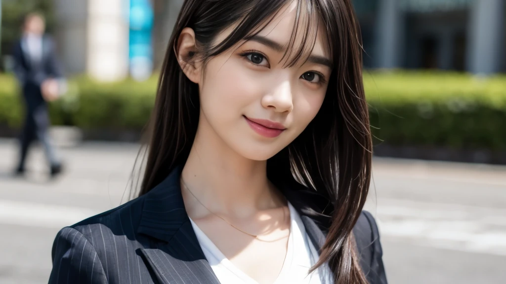 (Realistic: 1.4), (highest quality: 1.4), (Fine grain), Full body shot, ((Blur the background)), ((Watching the audience)), ((One adult woman)), Black Hair, ((Navy blue suit)), Wide eyes, Blushed face, ((smile)), ((walking in shibuya)), Highly detailed face and skin texture, Healthy Skin, 8k resolution